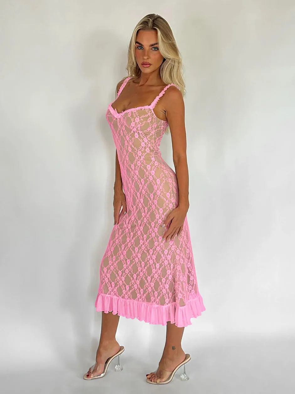New Summer French Style Retro Sexy Lace Slip Dress Spice Girls Pure Want High Waist Slimming Sheath Long Dress For Women display picture 12