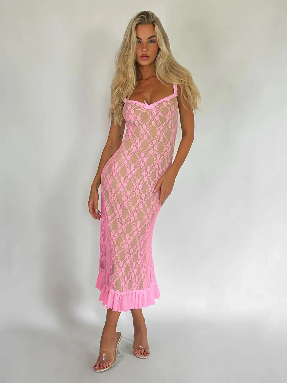 New Summer French Style Retro Sexy Lace Slip Dress Spice Girls Pure Want High Waist Slimming Sheath Long Dress For Women display picture 13