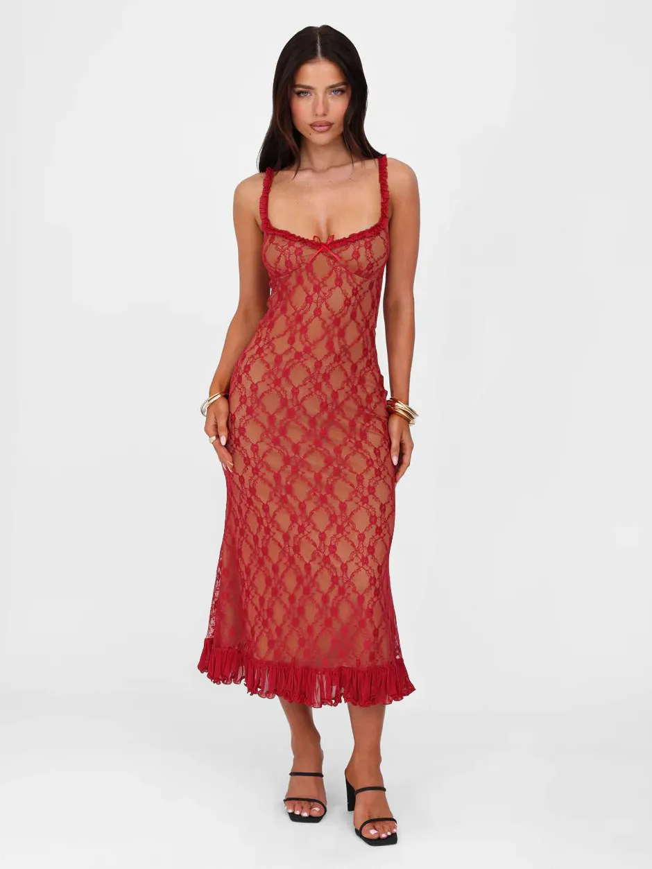 New Summer French Style Retro Sexy Lace Slip Dress Spice Girls Pure Want High Waist Slimming Sheath Long Dress For Women display picture 15