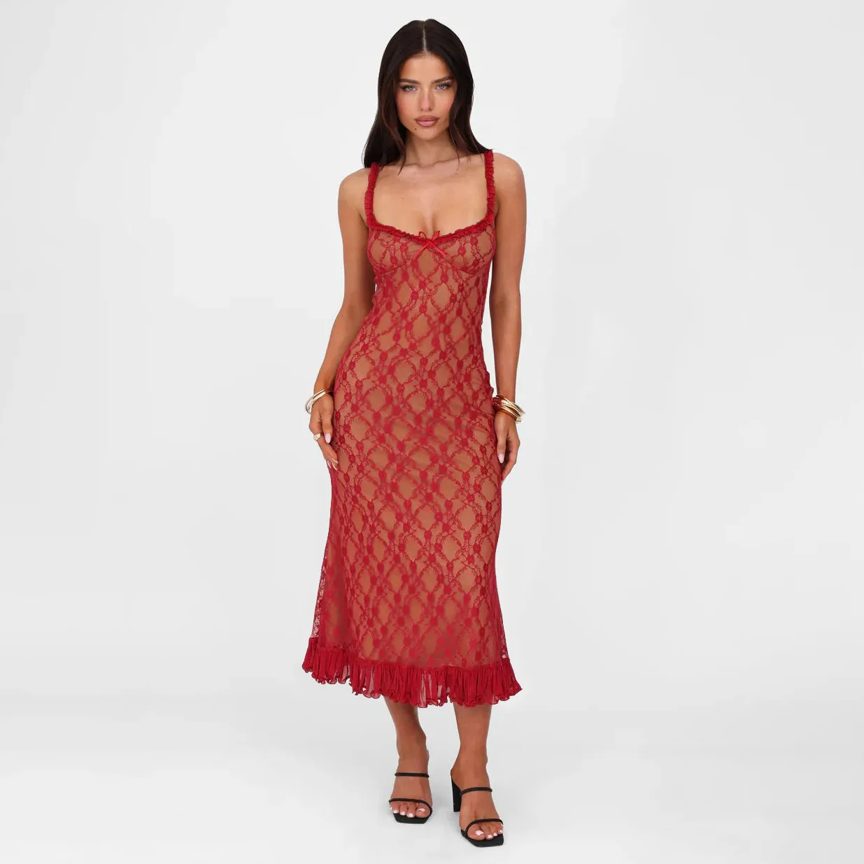 New Summer French Style Retro Sexy Lace Slip Dress Spice Girls Pure Want High Waist Slimming Sheath Long Dress For Women display picture 18