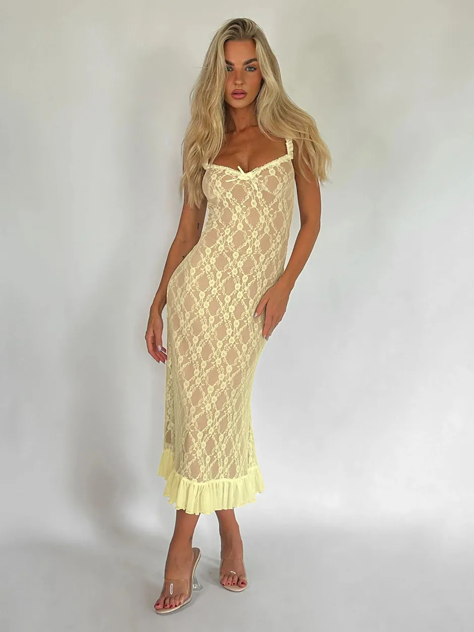 New Summer French Style Retro Sexy Lace Slip Dress Spice Girls Pure Want High Waist Slimming Sheath Long Dress For Women display picture 26