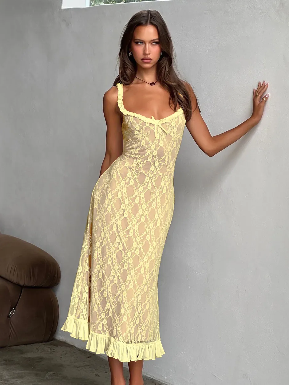 New Summer French Style Retro Sexy Lace Slip Dress Spice Girls Pure Want High Waist Slimming Sheath Long Dress For Women display picture 28