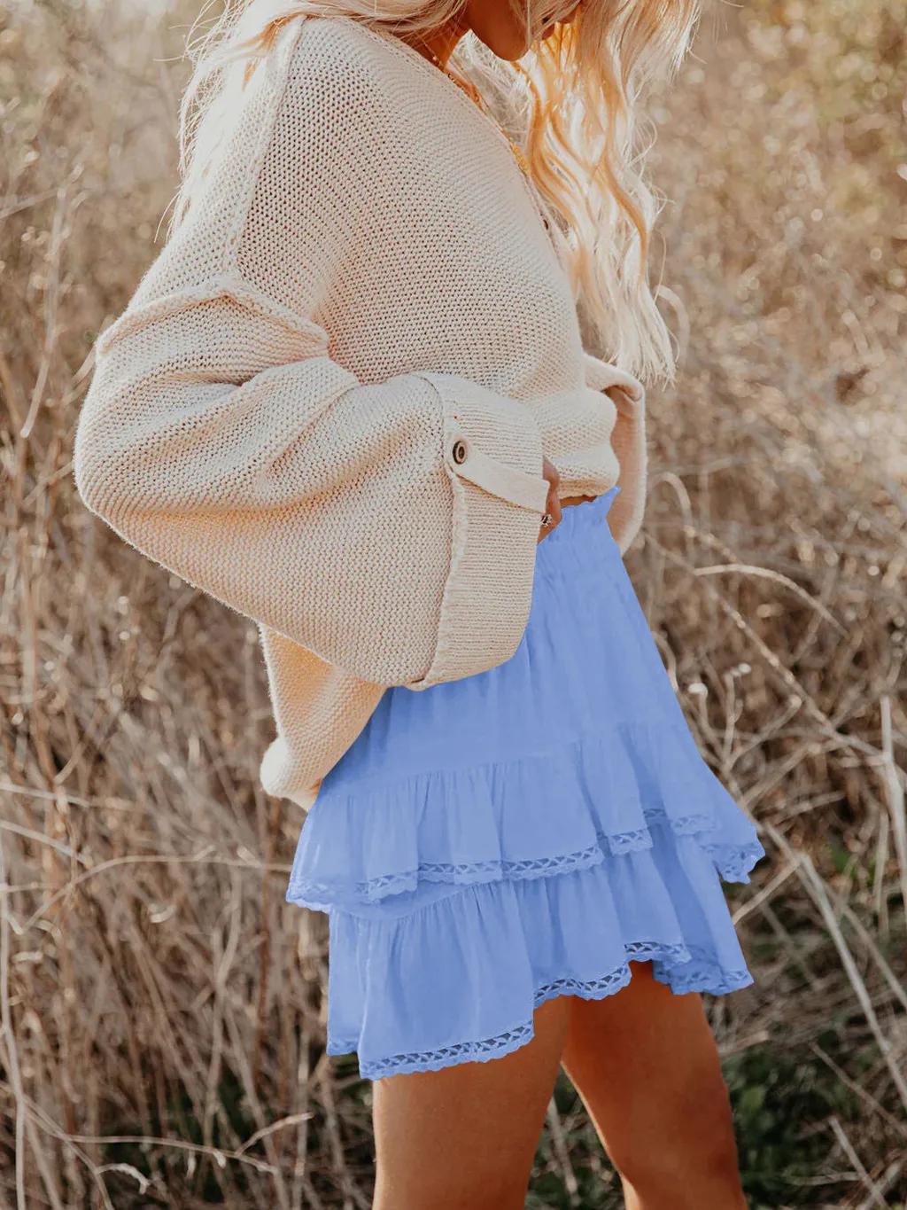 Women's Casual Bohemian Pleated Double-layer Skirt Fashion High Waist Solid Color Short Skirt Spring And Summer display picture 25