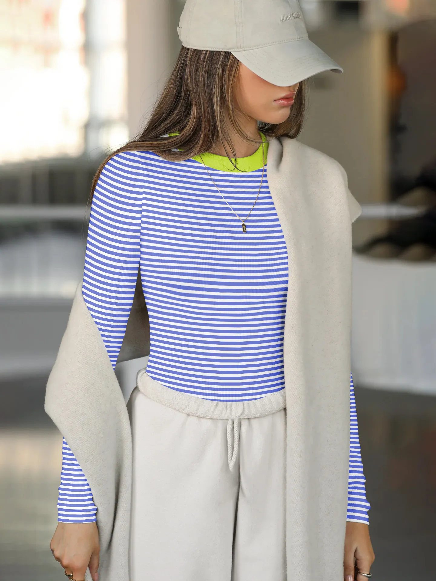 Hot Hot Early Autumn Contrast Striped Slim-fit Slim-fit Slim-fit Base Shirt Rib Long Sleeve Warm Casual Style Top display picture 4