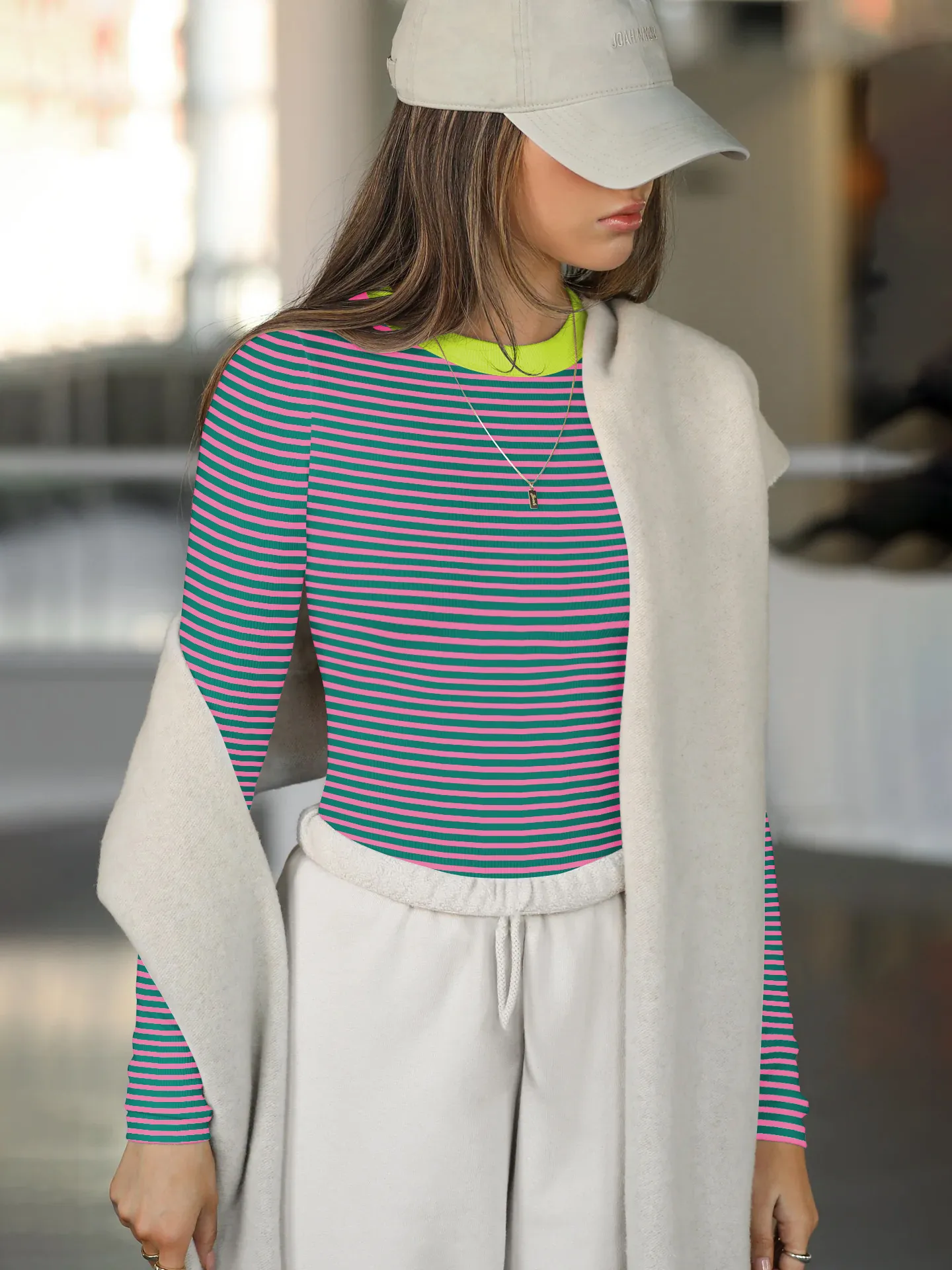 Hot Hot Early Autumn Contrast Striped Slim-fit Slim-fit Slim-fit Base Shirt Rib Long Sleeve Warm Casual Style Top display picture 9