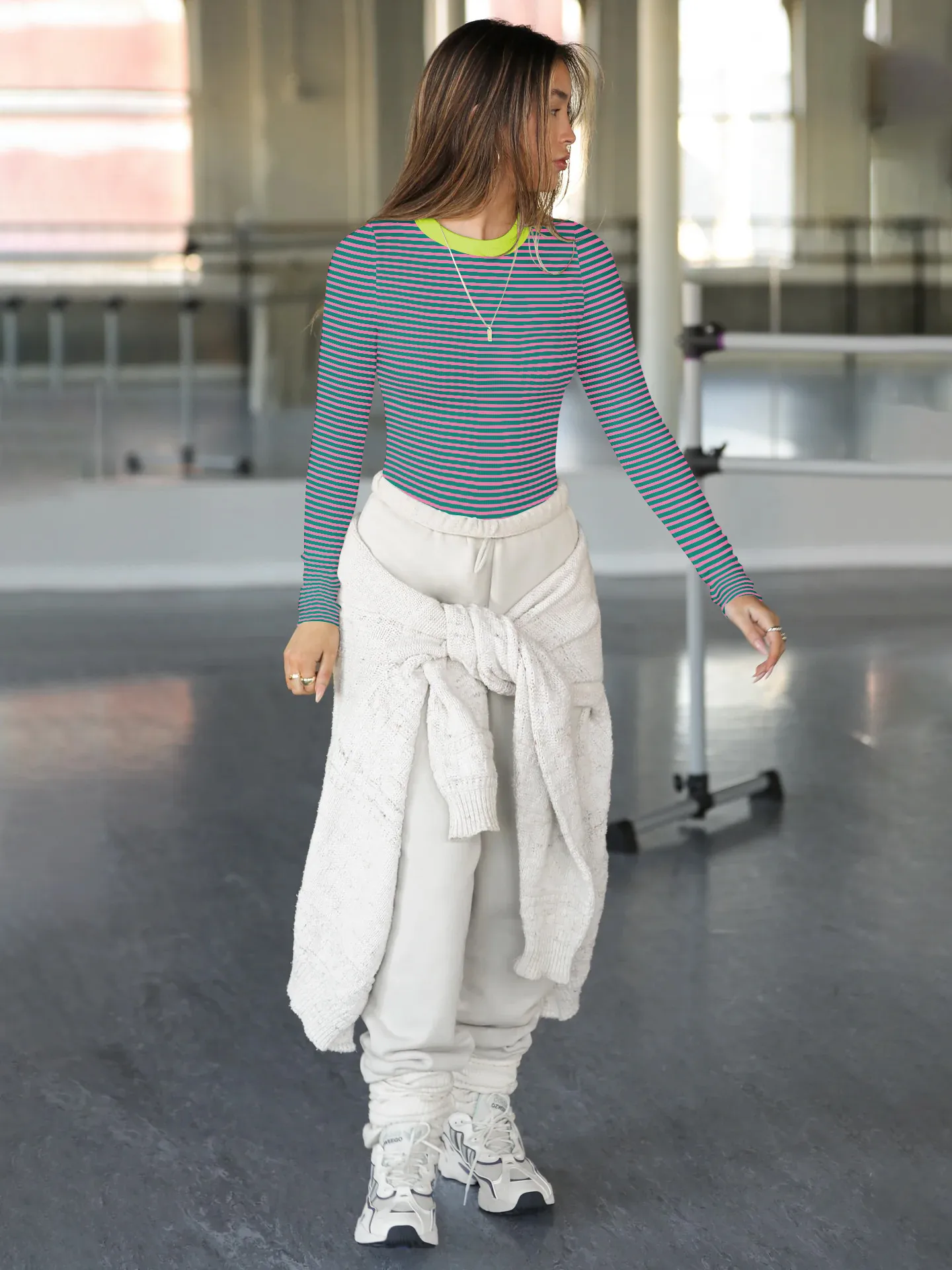 Hot Hot Early Autumn Contrast Striped Slim-fit Slim-fit Slim-fit Base Shirt Rib Long Sleeve Warm Casual Style Top display picture 10