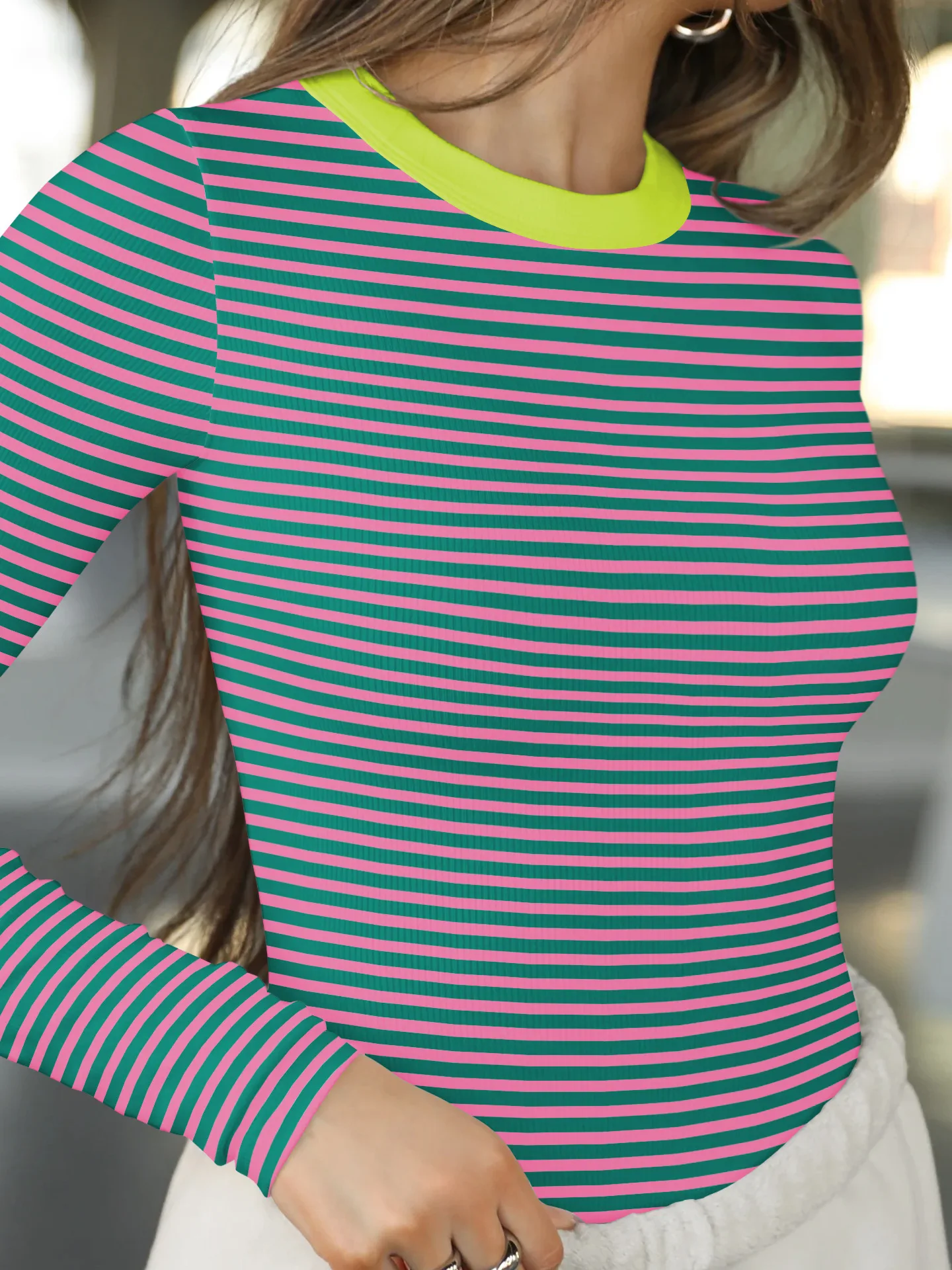 Hot Hot Early Autumn Contrast Striped Slim-fit Slim-fit Slim-fit Base Shirt Rib Long Sleeve Warm Casual Style Top display picture 11
