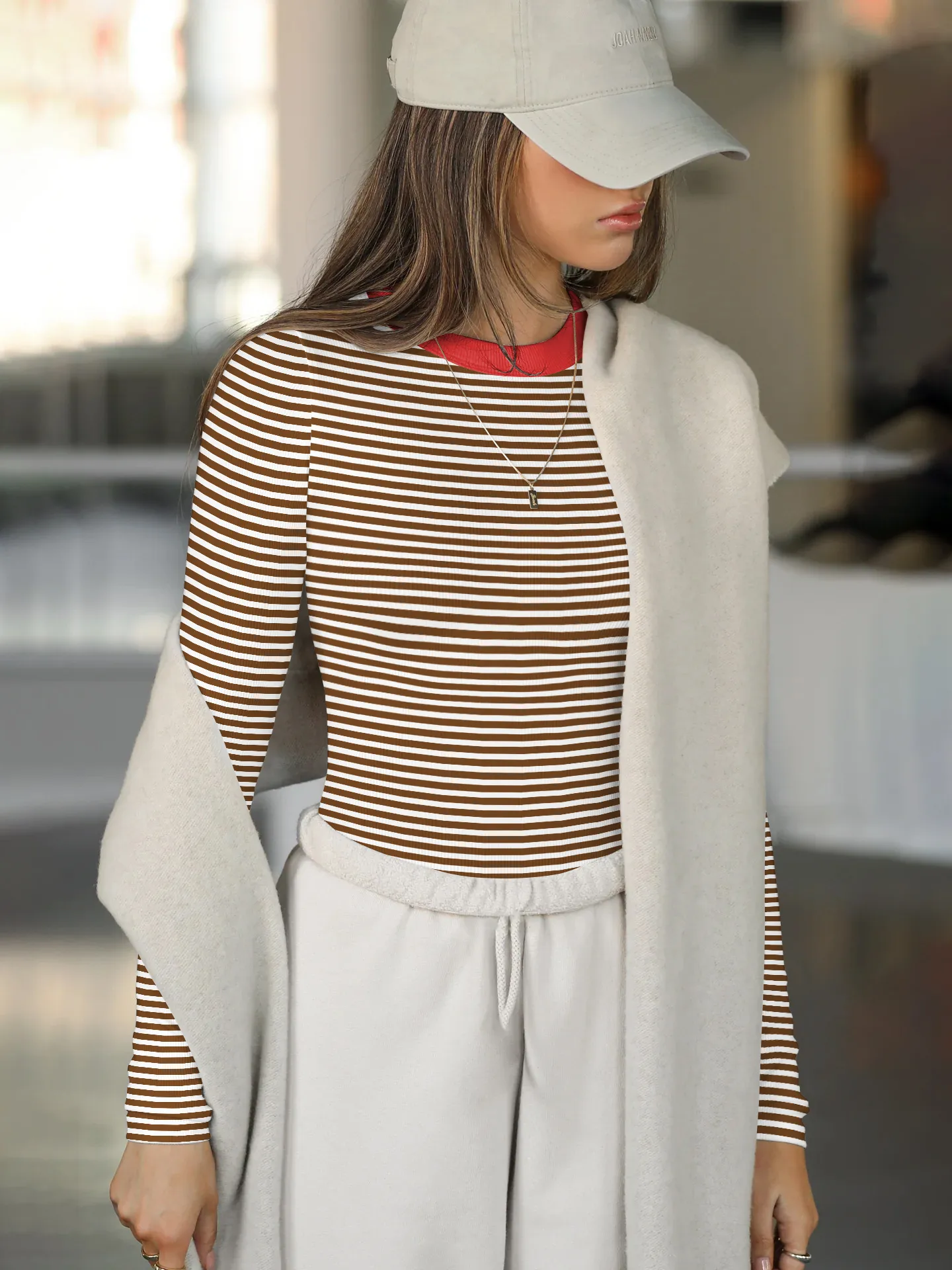Hot Hot Early Autumn Contrast Striped Slim-fit Slim-fit Slim-fit Base Shirt Rib Long Sleeve Warm Casual Style Top display picture 14