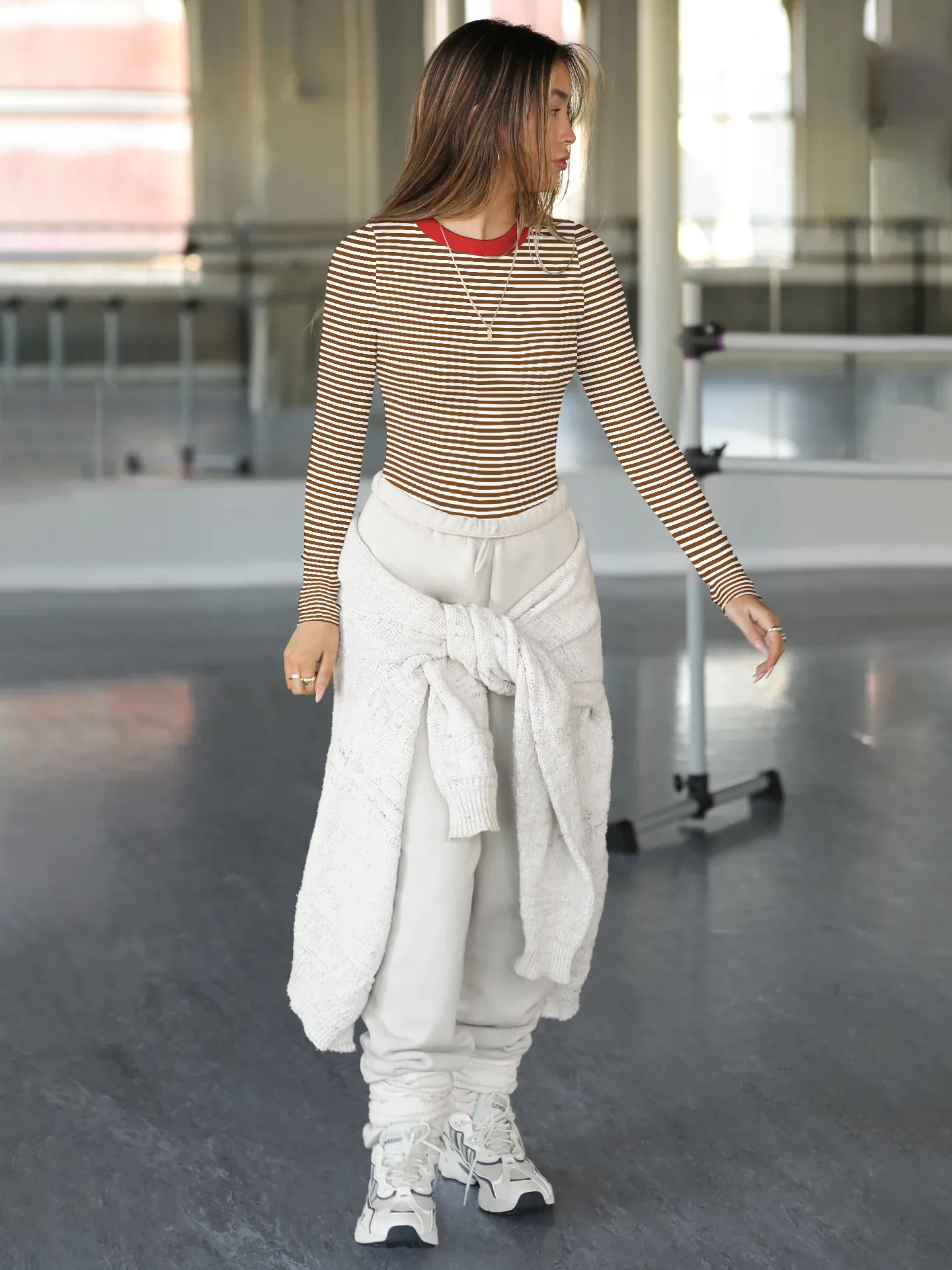 Hot Hot Early Autumn Contrast Striped Slim-fit Slim-fit Slim-fit Base Shirt Rib Long Sleeve Warm Casual Style Top display picture 15