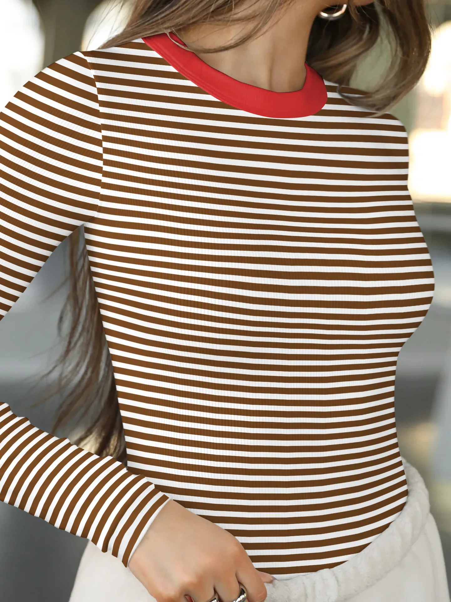 Hot Hot Early Autumn Contrast Striped Slim-fit Slim-fit Slim-fit Base Shirt Rib Long Sleeve Warm Casual Style Top display picture 16