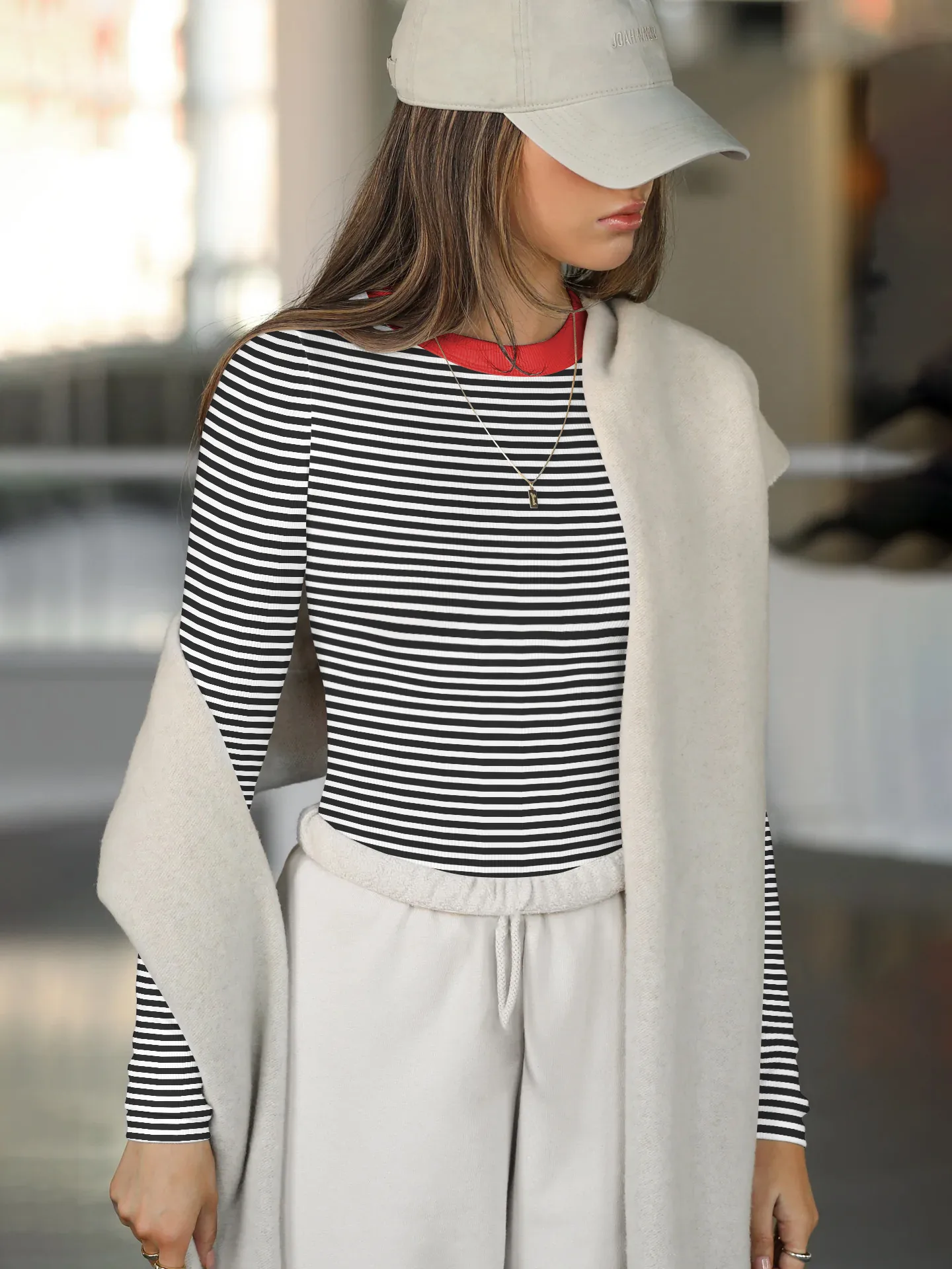 Hot Hot Early Autumn Contrast Striped Slim-fit Slim-fit Slim-fit Base Shirt Rib Long Sleeve Warm Casual Style Top display picture 18