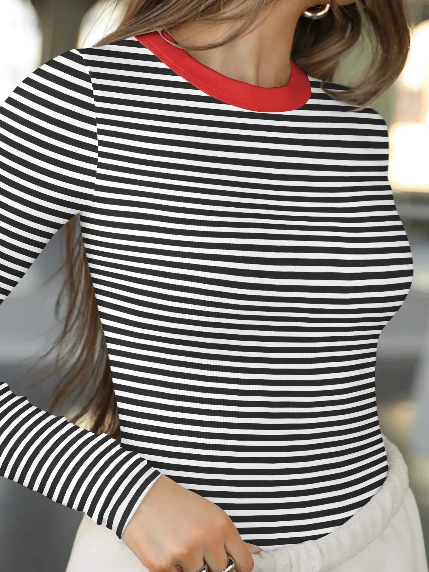 Hot Hot Early Autumn Contrast Striped Slim-fit Slim-fit Slim-fit Base Shirt Rib Long Sleeve Warm Casual Style Top display picture 21