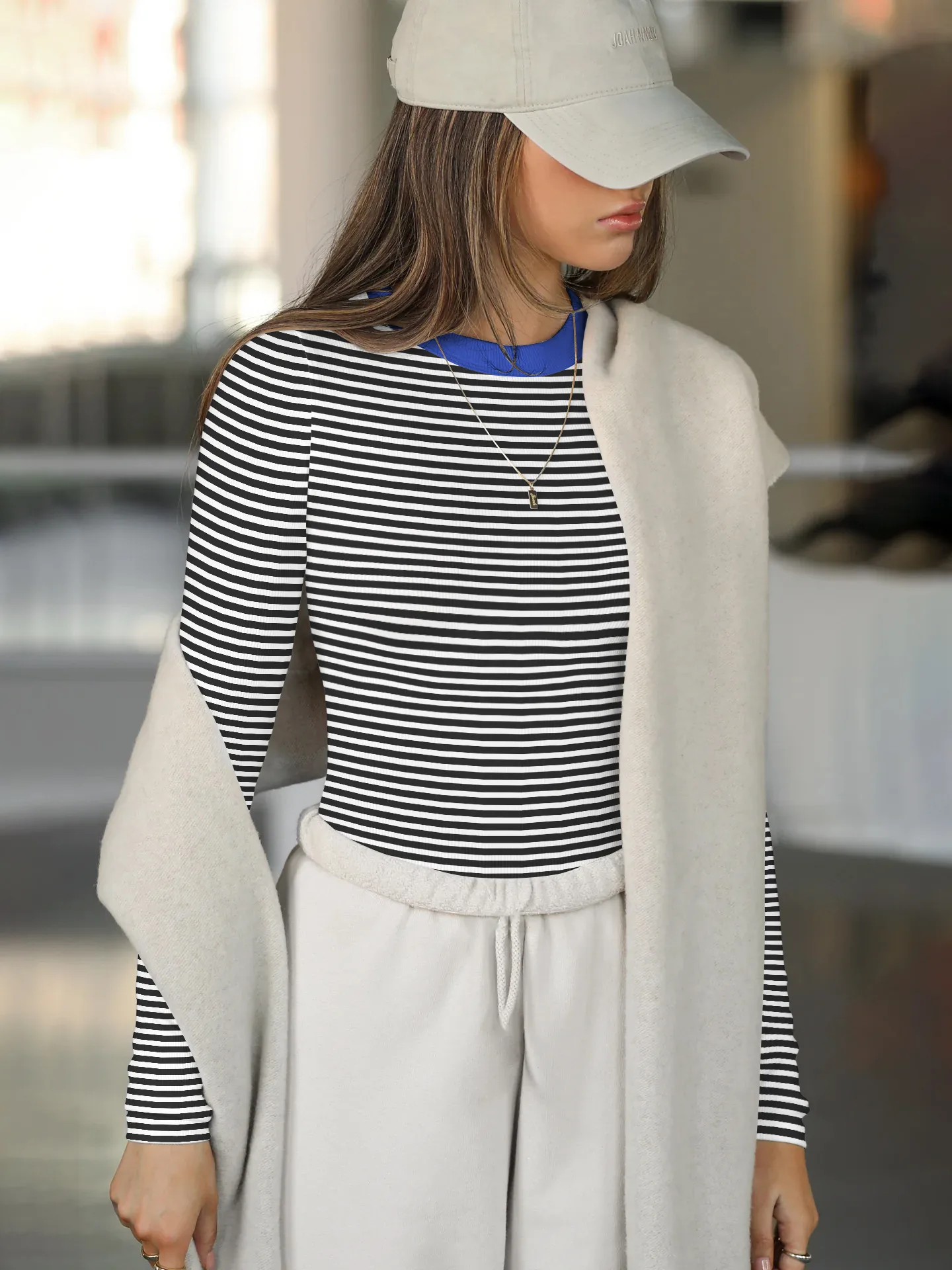 Hot Hot Early Autumn Contrast Striped Slim-fit Slim-fit Slim-fit Base Shirt Rib Long Sleeve Warm Casual Style Top display picture 24