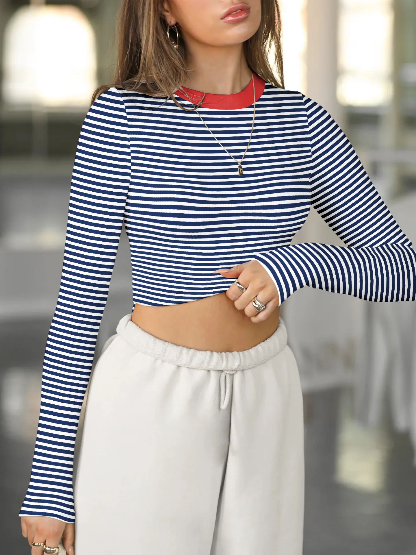 Hot Hot Early Autumn Contrast Striped Slim-fit Slim-fit Slim-fit Base Shirt Rib Long Sleeve Warm Casual Style Top display picture 28