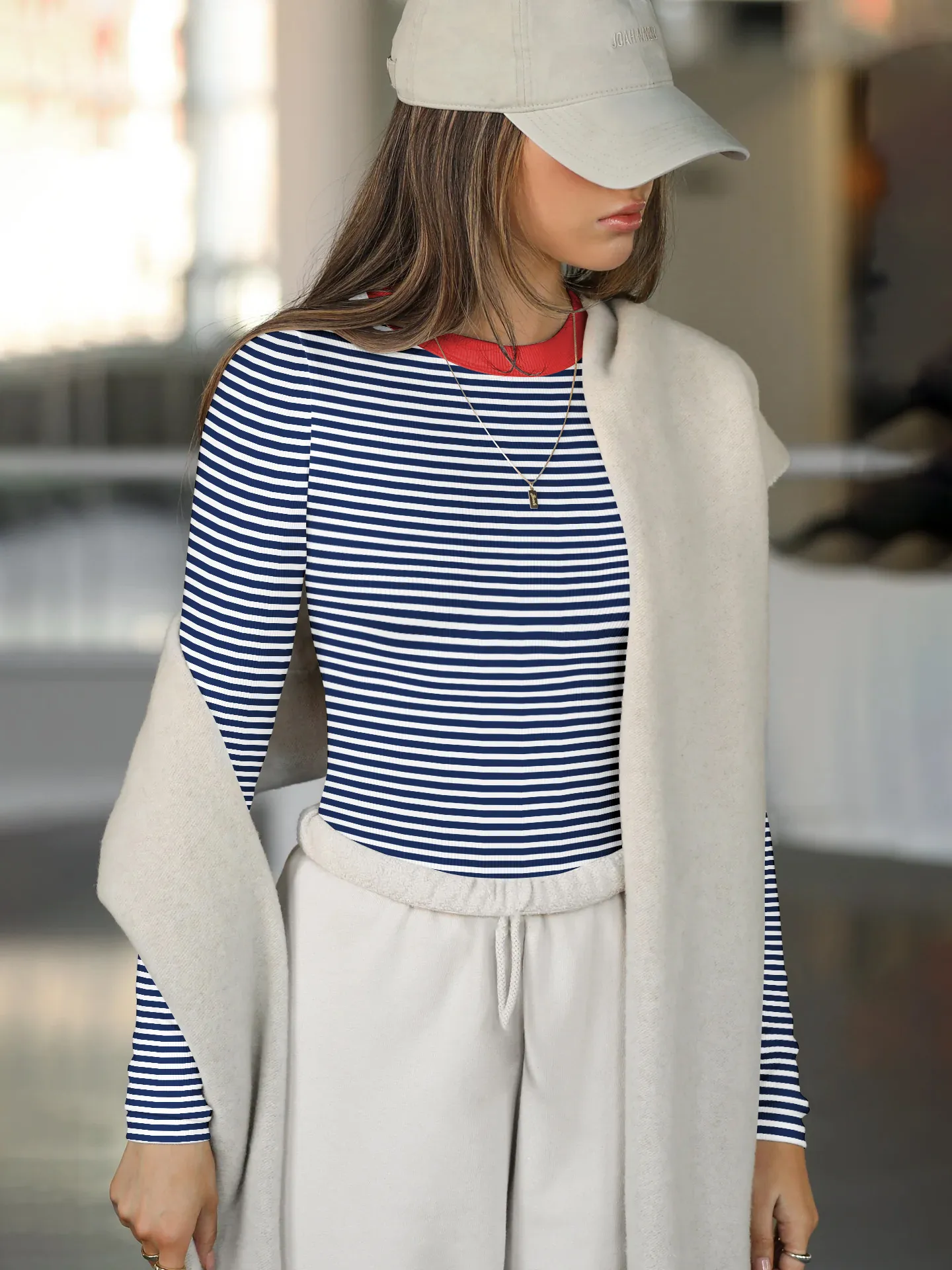 Hot Hot Early Autumn Contrast Striped Slim-fit Slim-fit Slim-fit Base Shirt Rib Long Sleeve Warm Casual Style Top display picture 29