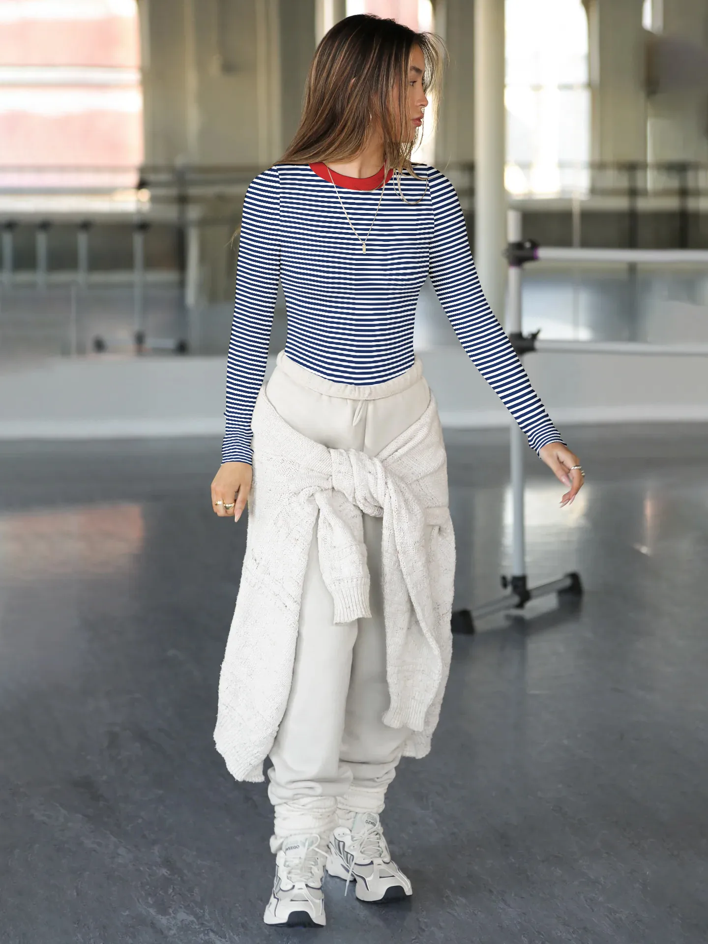 Hot Hot Early Autumn Contrast Striped Slim-fit Slim-fit Slim-fit Base Shirt Rib Long Sleeve Warm Casual Style Top display picture 30