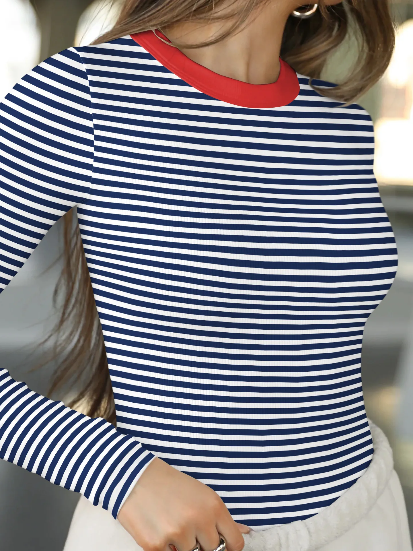 Hot Hot Early Autumn Contrast Striped Slim-fit Slim-fit Slim-fit Base Shirt Rib Long Sleeve Warm Casual Style Top display picture 31