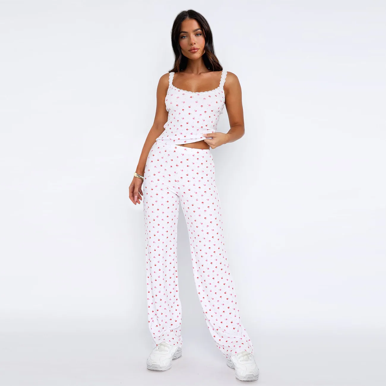 Foreign Trade  Y2K Women's Lace Strap Top Trousers Digital Printing Two-piece Sexy Suit Women display picture 2