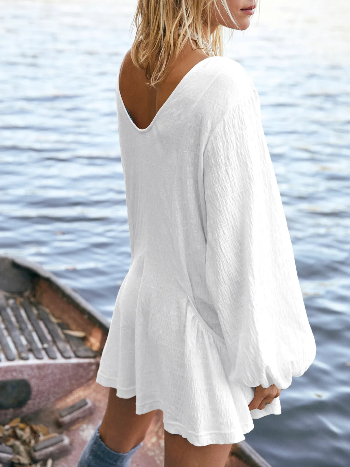 Foreign Trade All-match Explosions Women's U-collar Lantern Sleeve Pocket Solid Color Loose Casual Dress Long-sleeved Skirt display picture 2