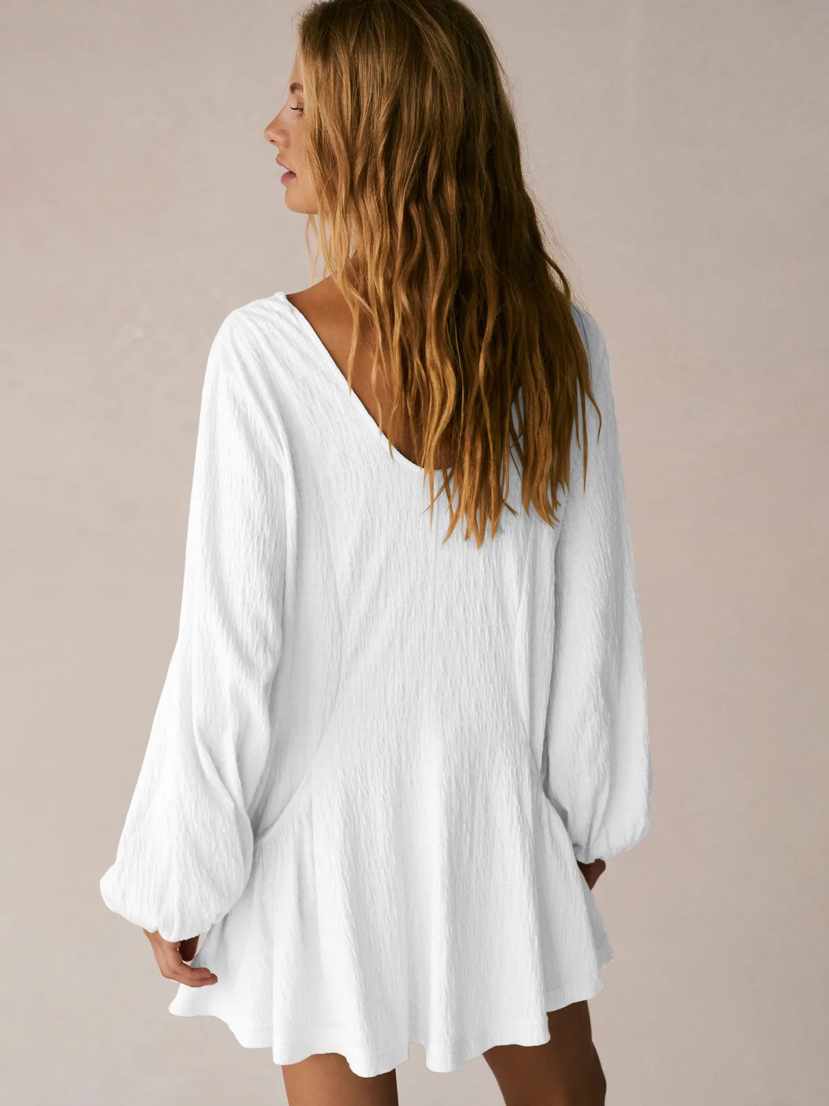 Foreign Trade All-match Explosions Women's U-collar Lantern Sleeve Pocket Solid Color Loose Casual Dress Long-sleeved Skirt display picture 3