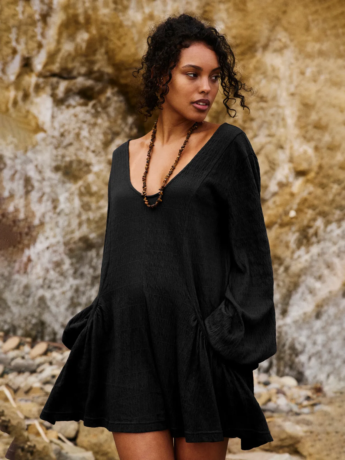 Foreign Trade All-match Explosions Women's U-collar Lantern Sleeve Pocket Solid Color Loose Casual Dress Long-sleeved Skirt display picture 14