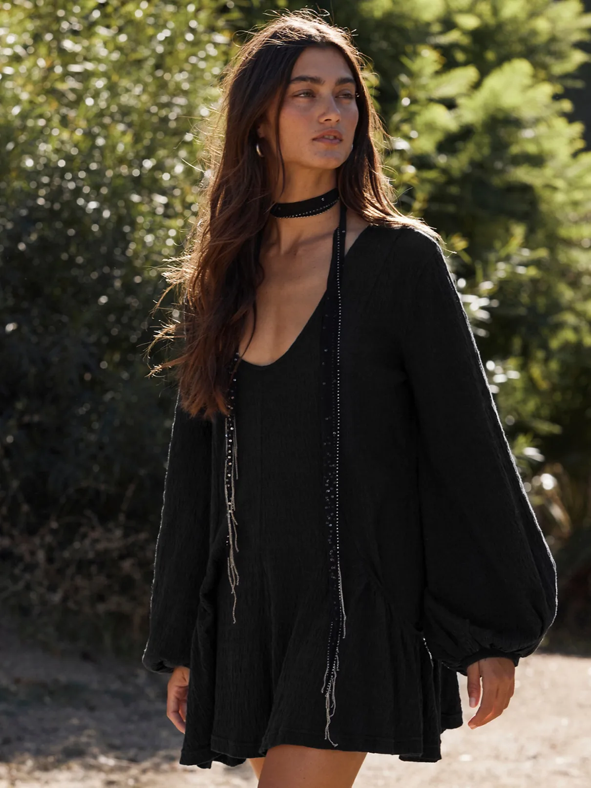 Foreign Trade All-match Explosions Women's U-collar Lantern Sleeve Pocket Solid Color Loose Casual Dress Long-sleeved Skirt display picture 17