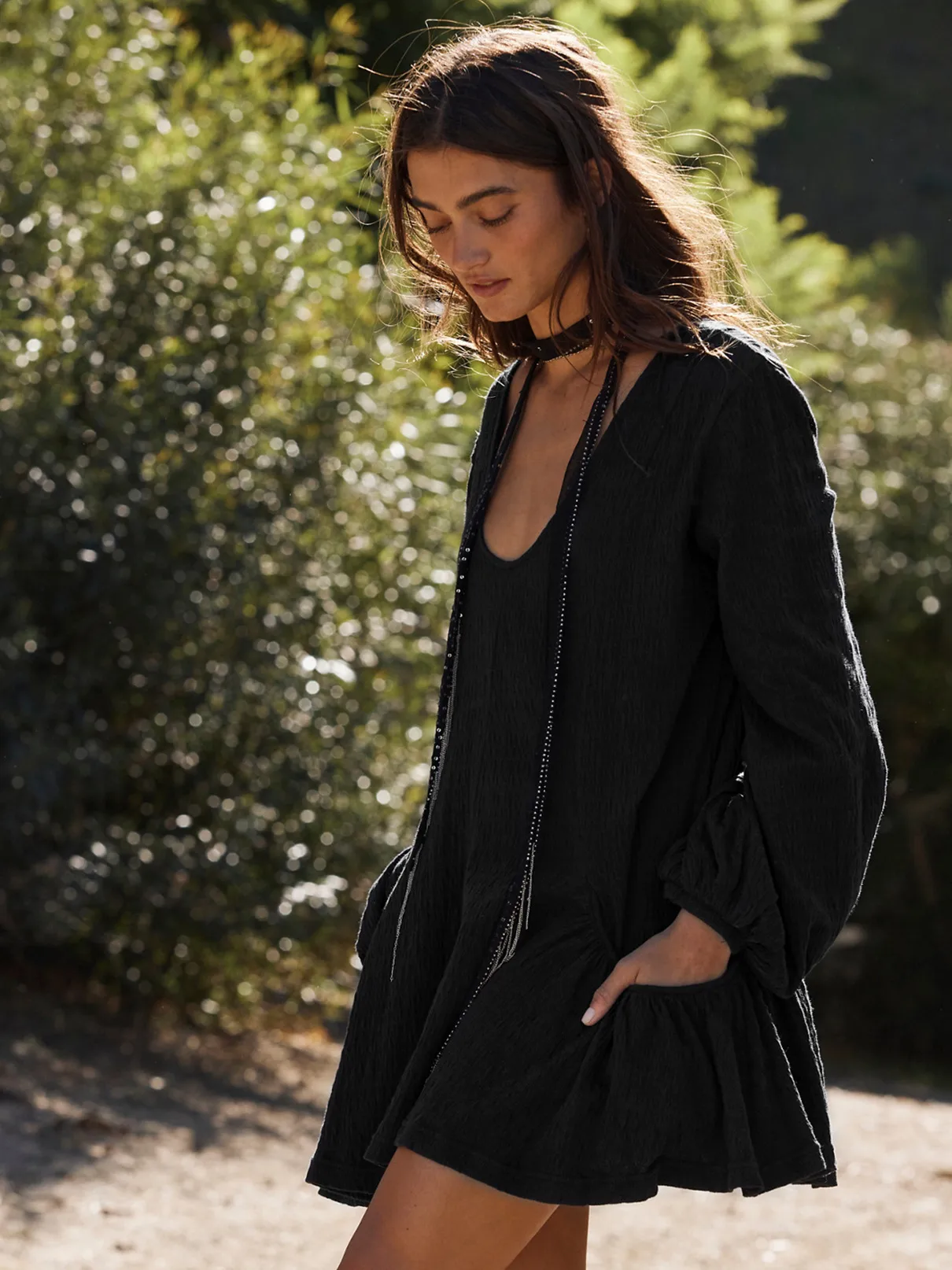 Foreign Trade All-match Explosions Women's U-collar Lantern Sleeve Pocket Solid Color Loose Casual Dress Long-sleeved Skirt display picture 20