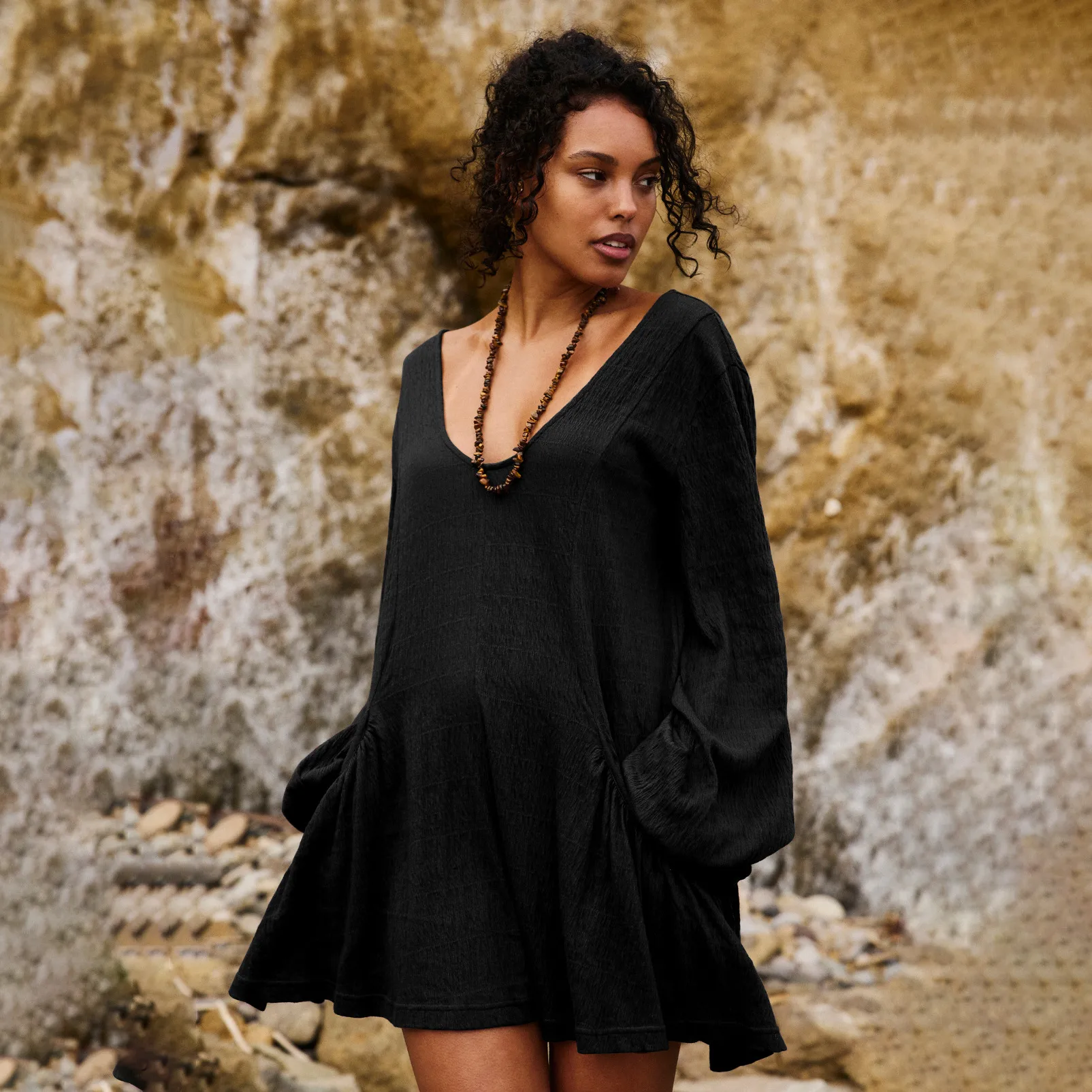 Foreign Trade All-match Explosions Women's U-collar Lantern Sleeve Pocket Solid Color Loose Casual Dress Long-sleeved Skirt display picture 21