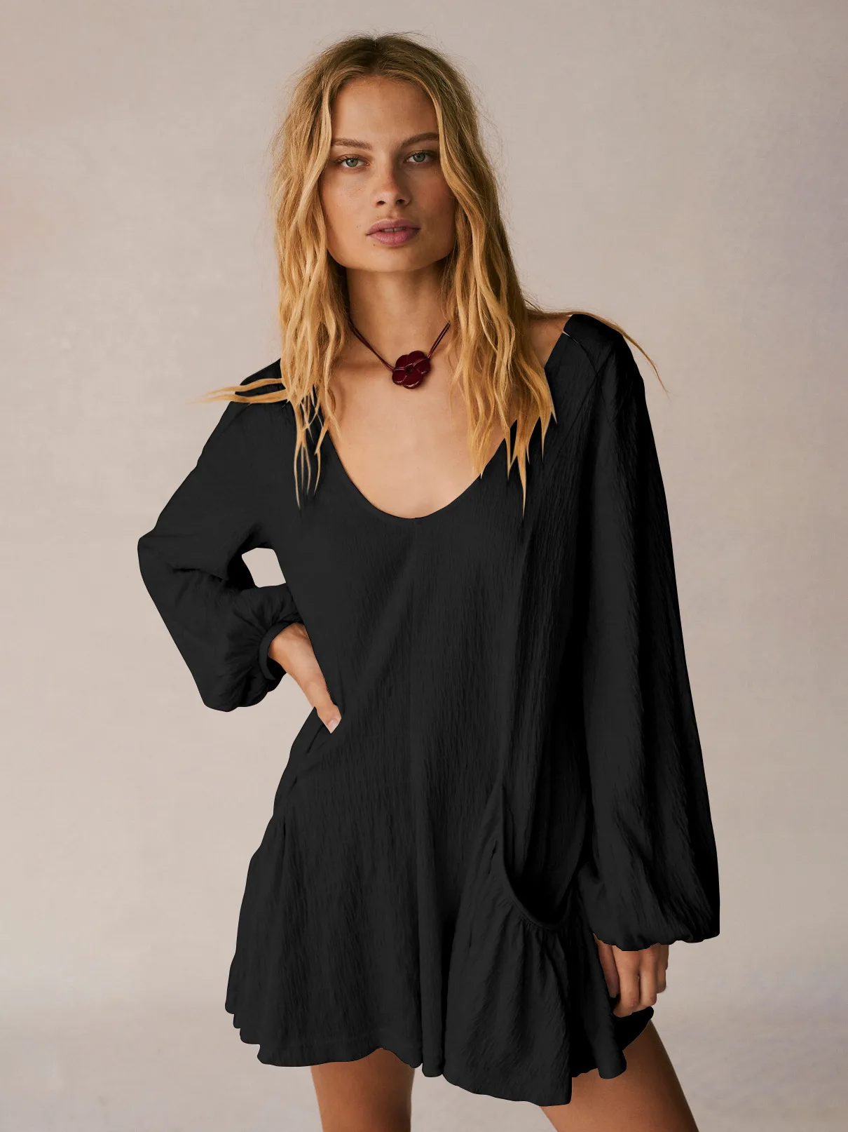 Foreign Trade All-match Explosions Women's U-collar Lantern Sleeve Pocket Solid Color Loose Casual Dress Long-sleeved Skirt display picture 22