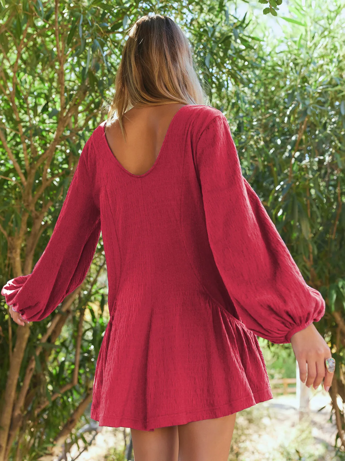 Foreign Trade All-match Explosions Women's U-collar Lantern Sleeve Pocket Solid Color Loose Casual Dress Long-sleeved Skirt display picture 25