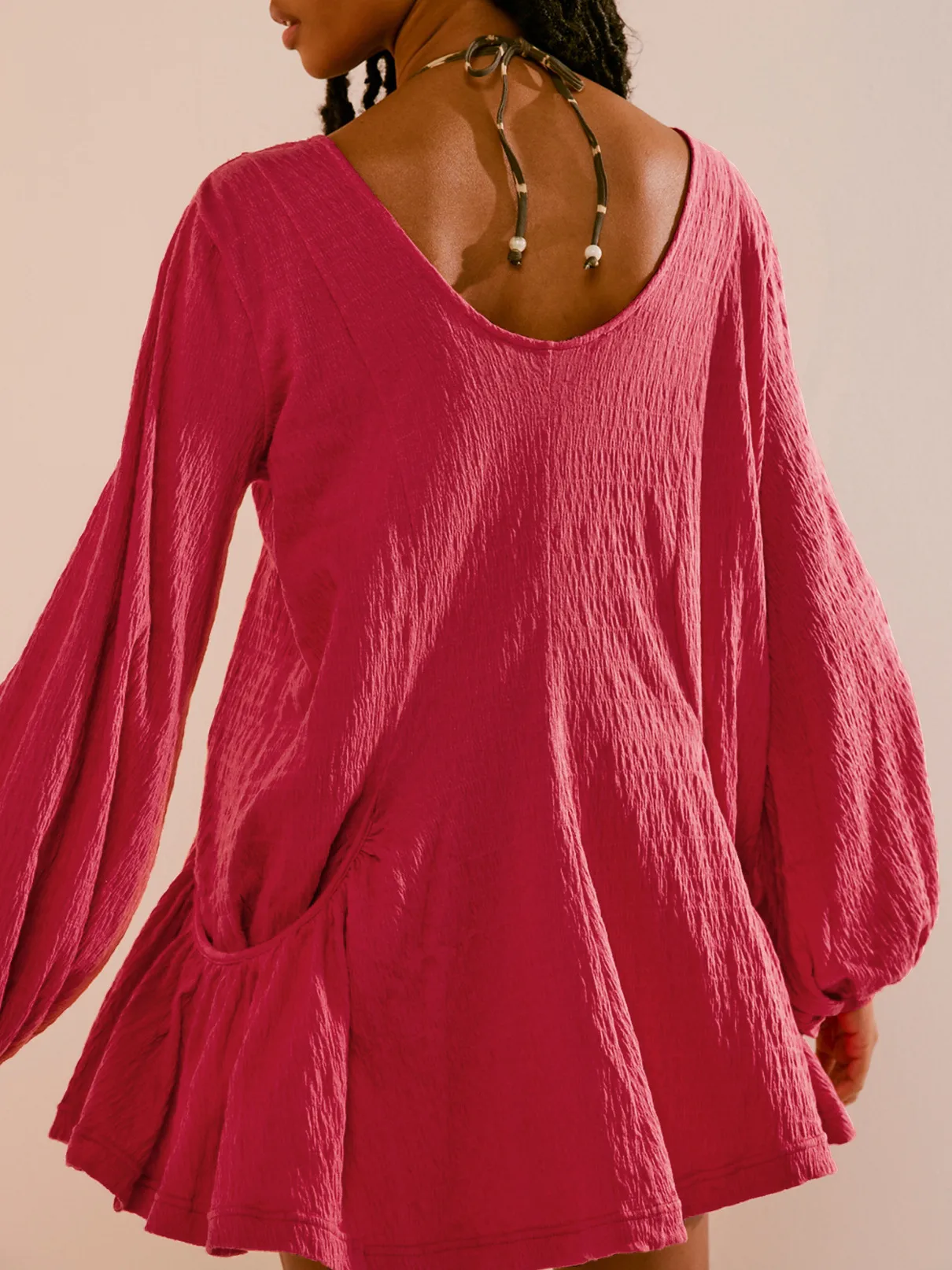 Foreign Trade All-match Explosions Women's U-collar Lantern Sleeve Pocket Solid Color Loose Casual Dress Long-sleeved Skirt display picture 26