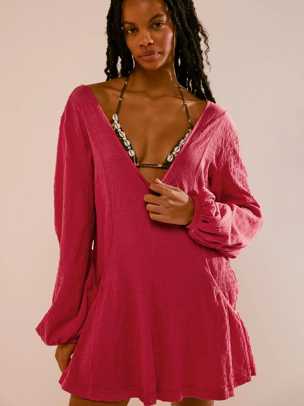 Foreign Trade All-match Explosions Women's U-collar Lantern Sleeve Pocket Solid Color Loose Casual Dress Long-sleeved Skirt display picture 27