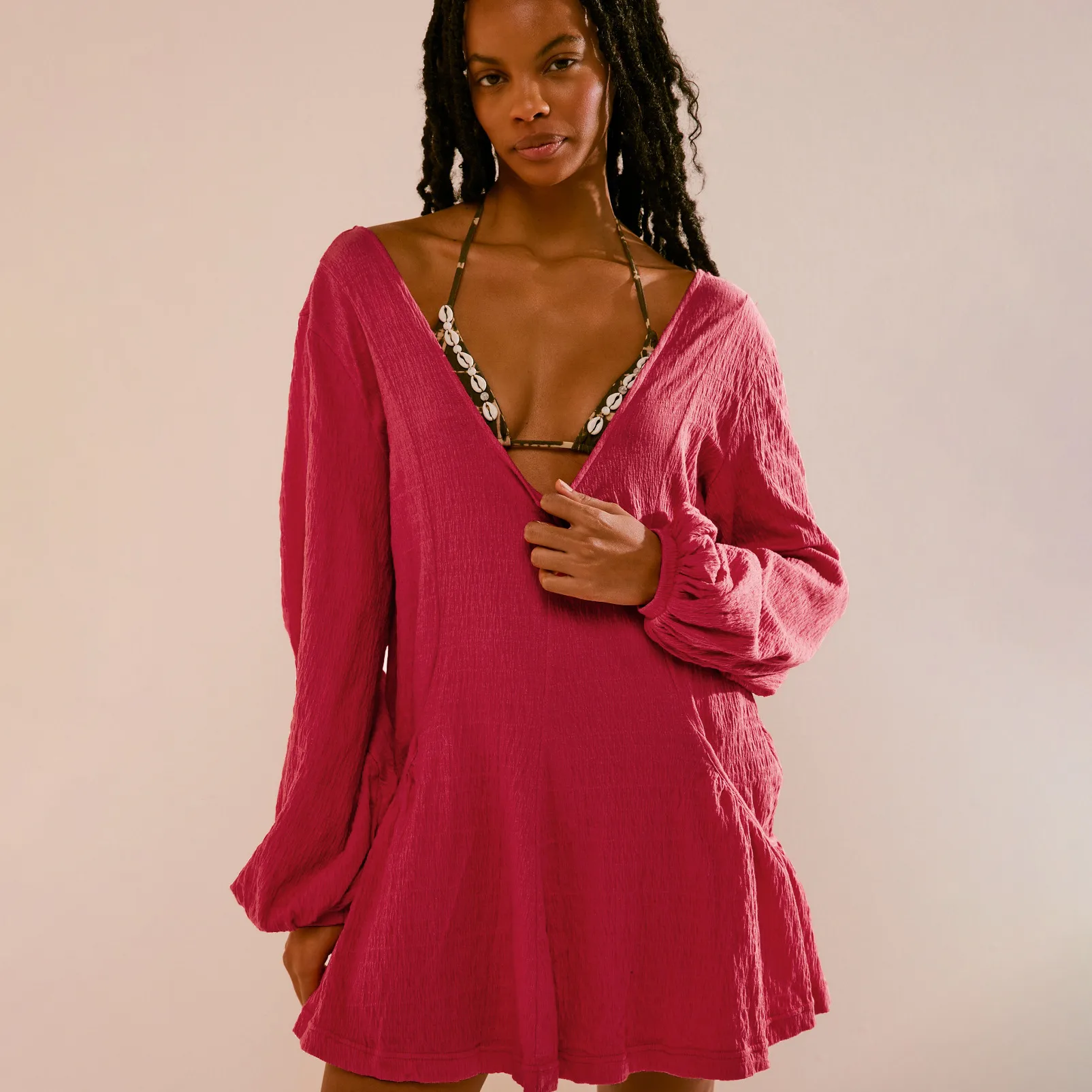 Foreign Trade All-match Explosions Women's U-collar Lantern Sleeve Pocket Solid Color Loose Casual Dress Long-sleeved Skirt display picture 28