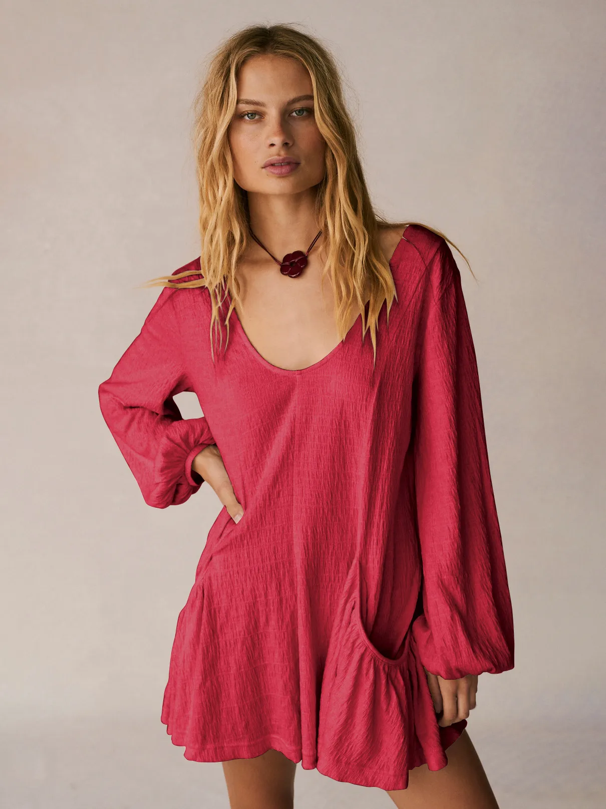Foreign Trade All-match Explosions Women's U-collar Lantern Sleeve Pocket Solid Color Loose Casual Dress Long-sleeved Skirt display picture 29