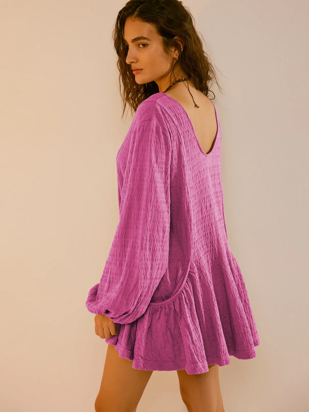 Foreign Trade All-match Explosions Women's U-collar Lantern Sleeve Pocket Solid Color Loose Casual Dress Long-sleeved Skirt display picture 30