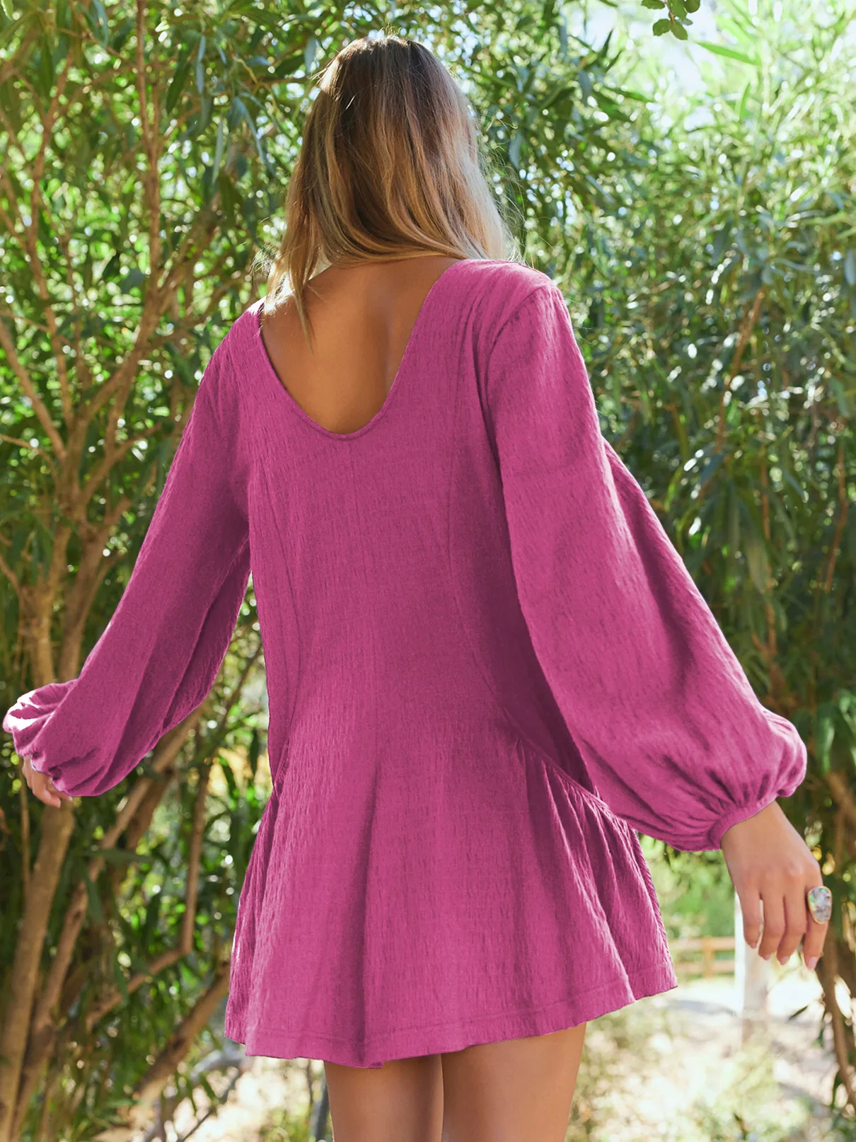 Foreign Trade All-match Explosions Women's U-collar Lantern Sleeve Pocket Solid Color Loose Casual Dress Long-sleeved Skirt display picture 33