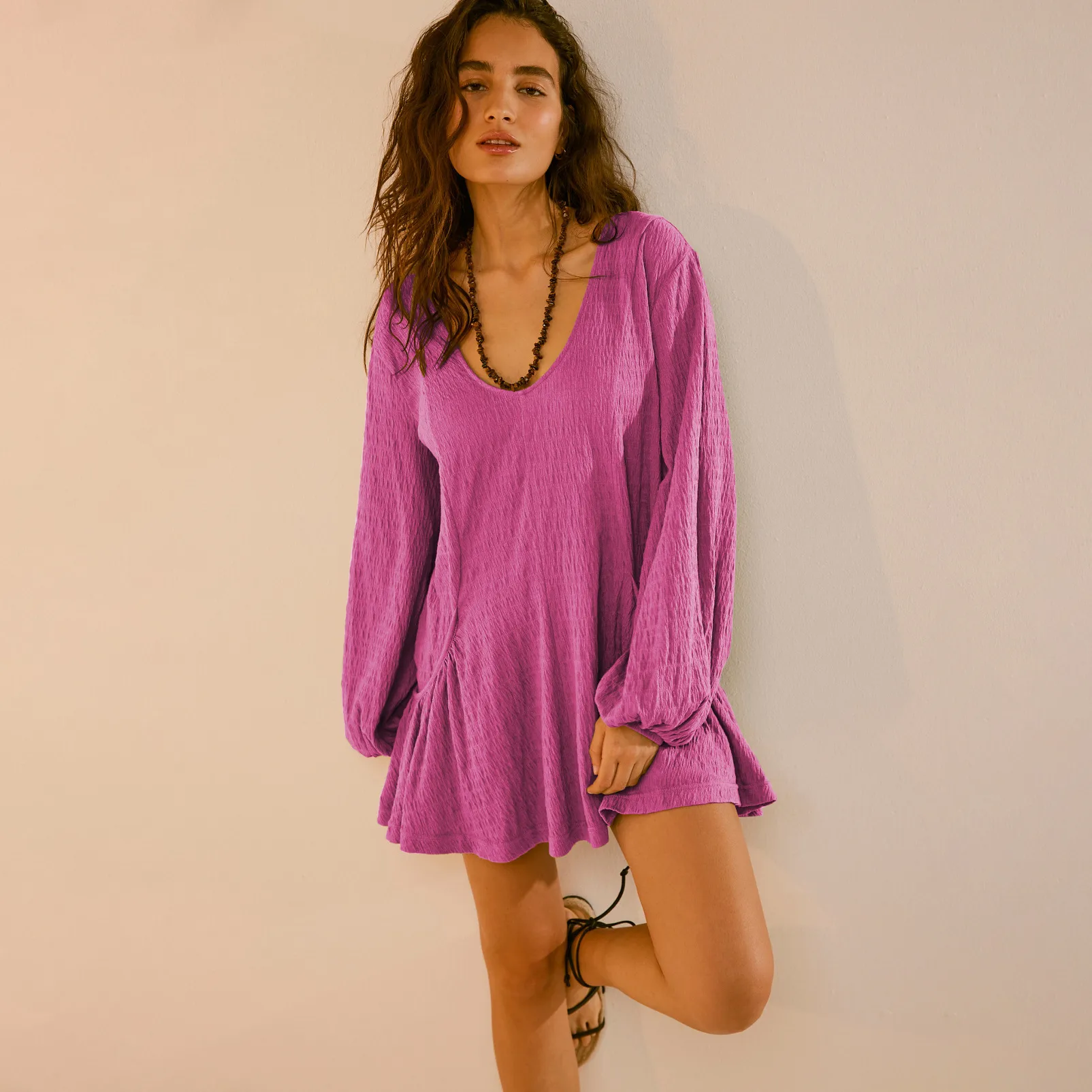 Foreign Trade All-match Explosions Women's U-collar Lantern Sleeve Pocket Solid Color Loose Casual Dress Long-sleeved Skirt display picture 34