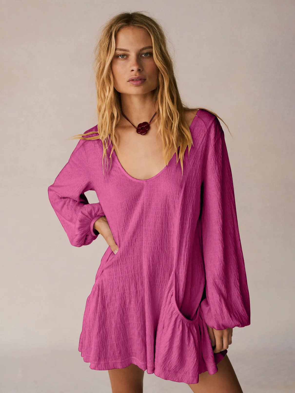 Foreign Trade All-match Explosions Women's U-collar Lantern Sleeve Pocket Solid Color Loose Casual Dress Long-sleeved Skirt display picture 35