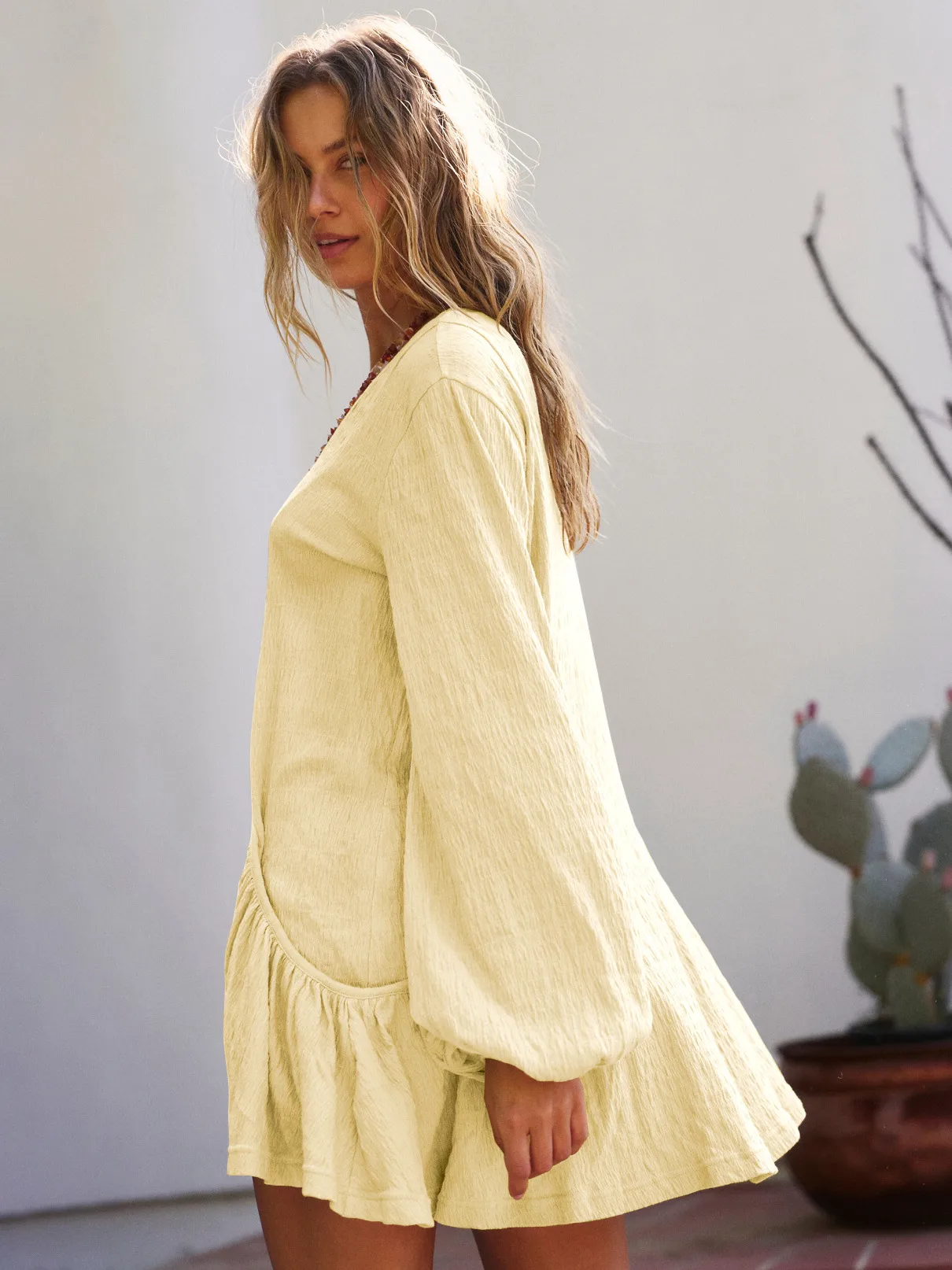 Foreign Trade All-match Explosions Women's U-collar Lantern Sleeve Pocket Solid Color Loose Casual Dress Long-sleeved Skirt display picture 38