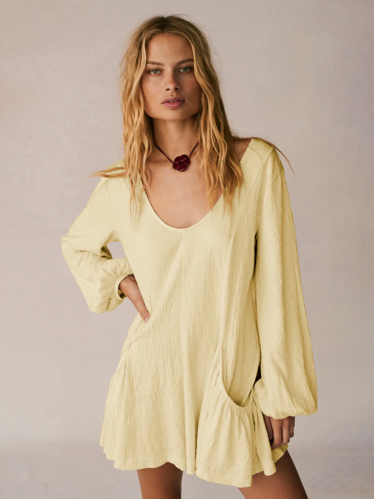 Foreign Trade All-match Explosions Women's U-collar Lantern Sleeve Pocket Solid Color Loose Casual Dress Long-sleeved Skirt display picture 41