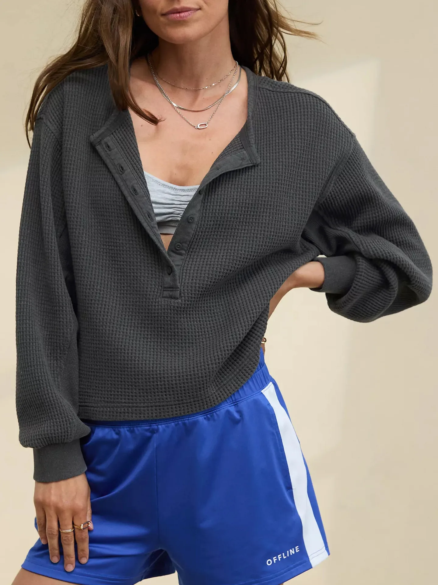 Hot Sale  New Button Waffle Loose Casual Commuting Lazy Sweat Top Autumn And Winter Women's Clothing display picture 3