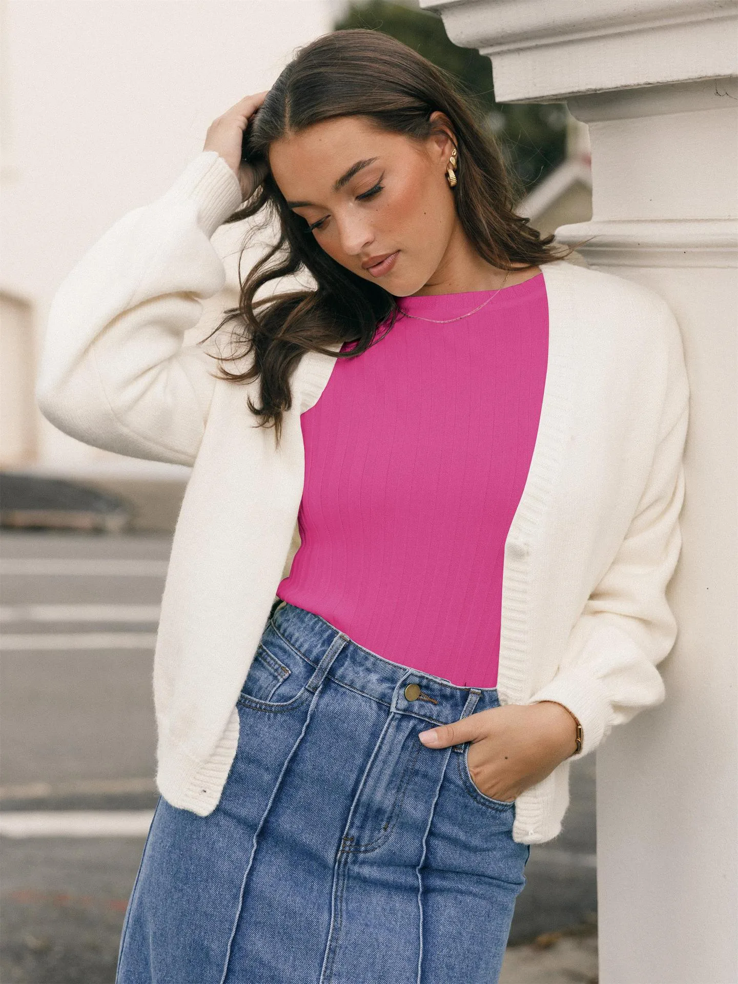 Europe And The United States  New Round Neck Knitted Thread Slim Solid Color Simple Commuter Wind Long Sleeve Top T-shirt display picture 7