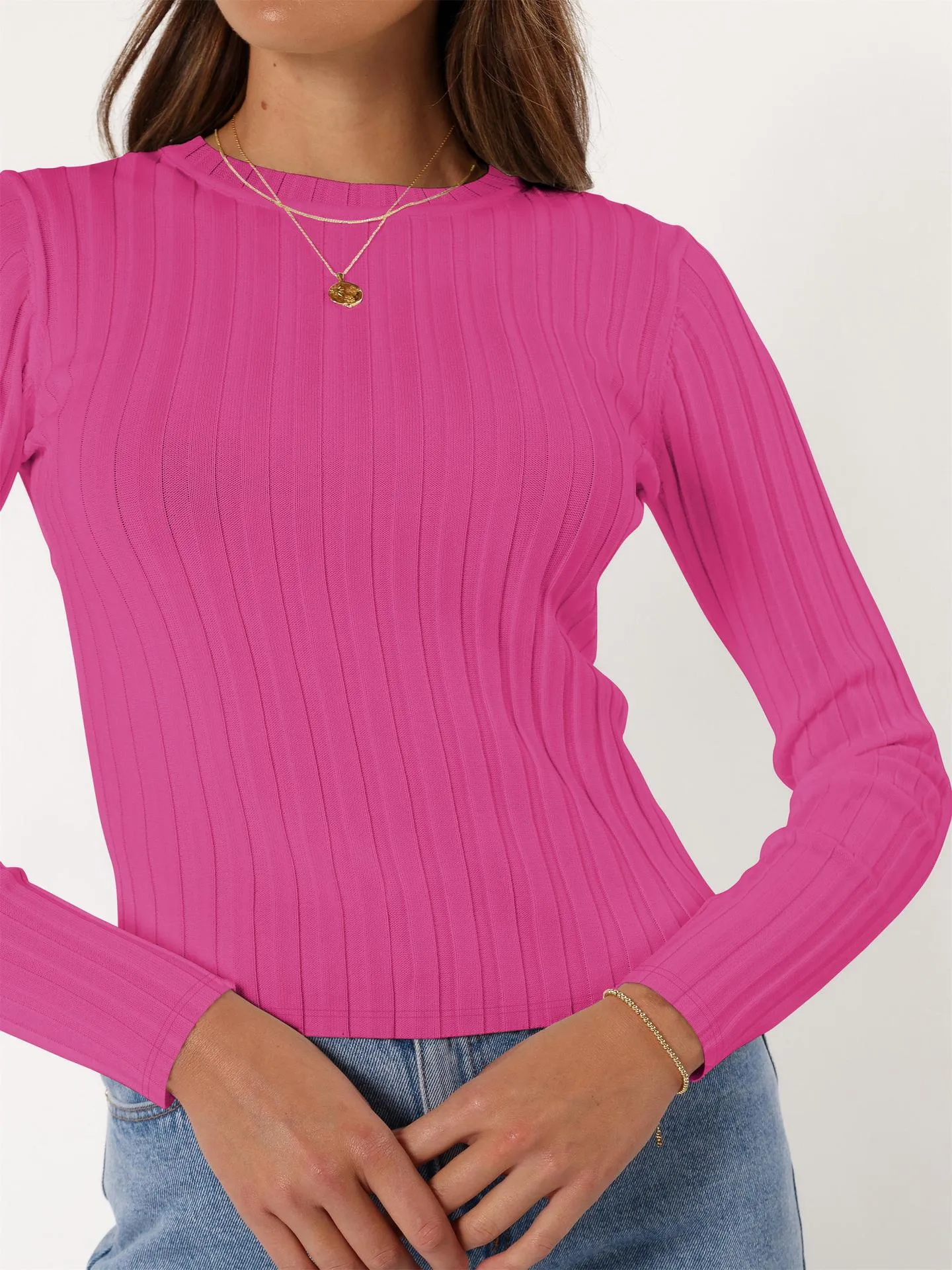Europe And The United States  New Round Neck Knitted Thread Slim Solid Color Simple Commuter Wind Long Sleeve Top T-shirt display picture 8