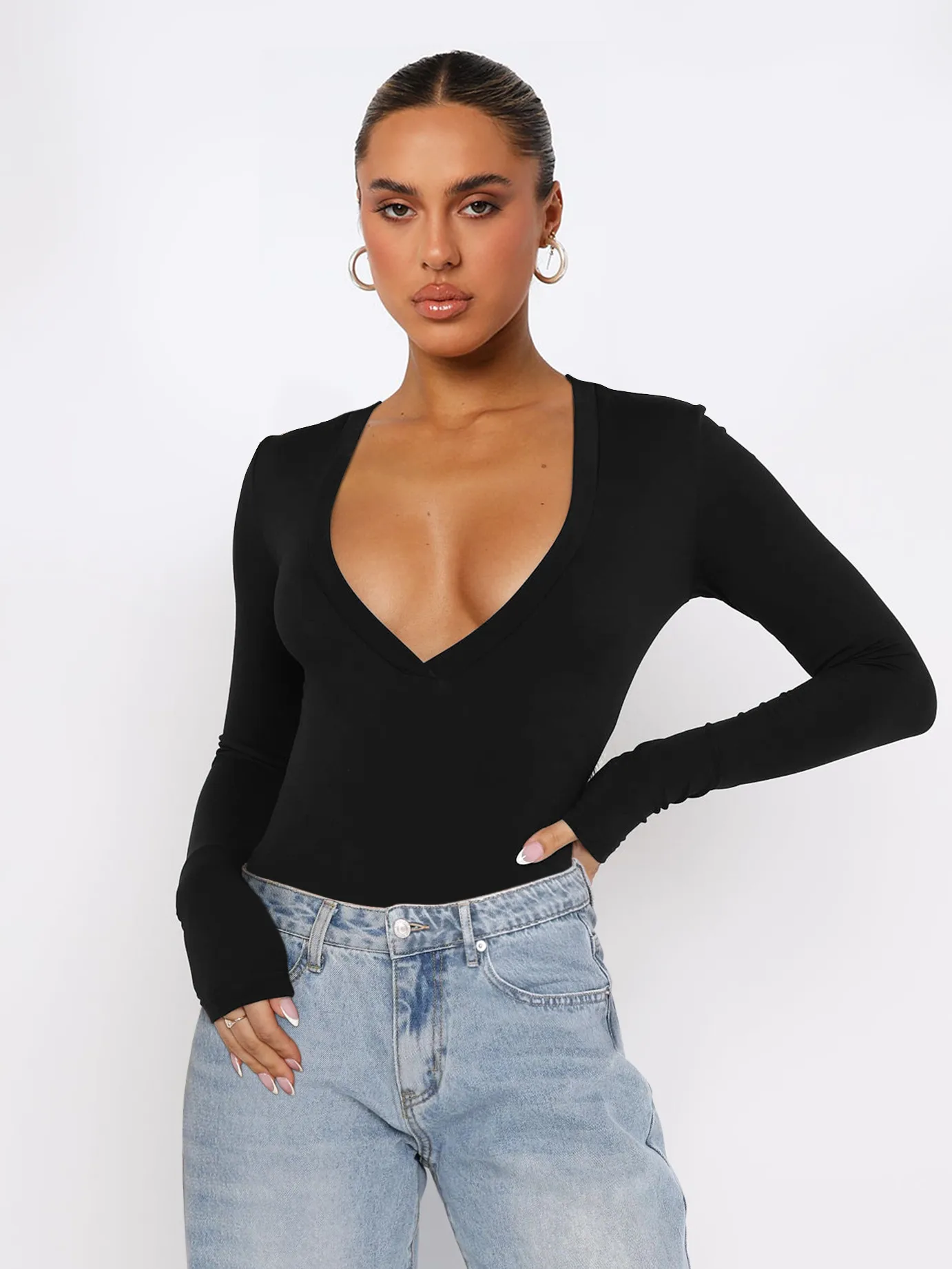 Foreign Trade  Hot Girl Y2K Explosions Women's Wear Deep V-neck Solid Color All-match Slim-fit Top With Long Sleeve Autumn And Winter Women display picture 5