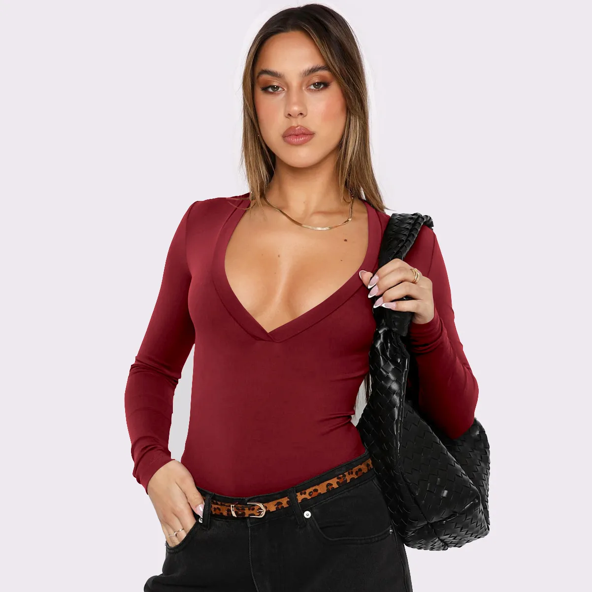 Foreign Trade  Hot Girl Y2K Explosions Women's Wear Deep V-neck Solid Color All-match Slim-fit Top With Long Sleeve Autumn And Winter Women display picture 6