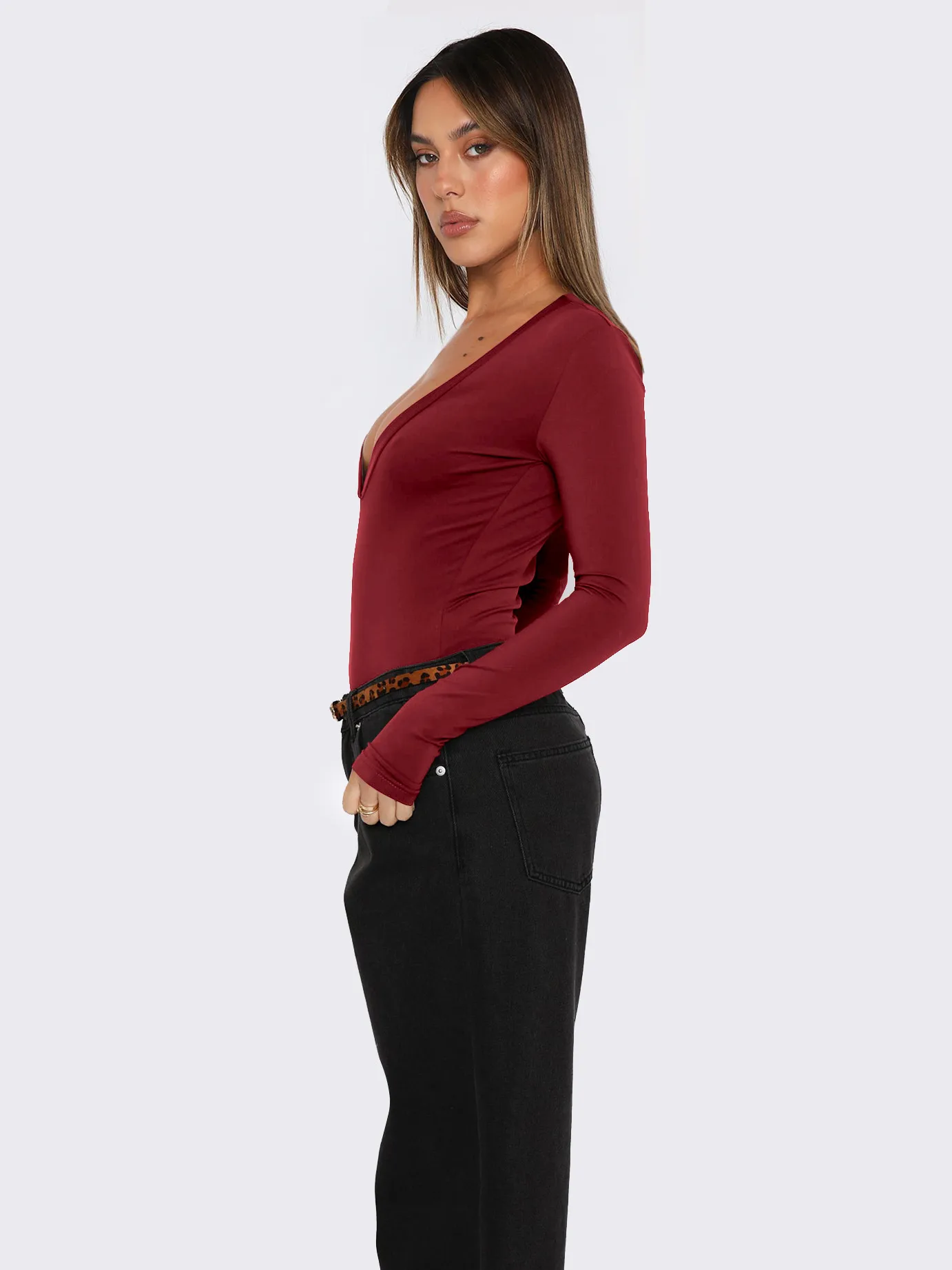 Foreign Trade  Hot Girl Y2K Explosions Women's Wear Deep V-neck Solid Color All-match Slim-fit Top With Long Sleeve Autumn And Winter Women display picture 8
