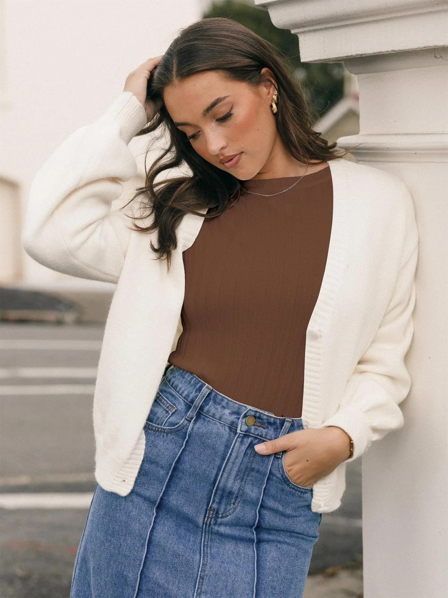 Europe And The United States  New Round Neck Knitted Thread Slim Solid Color Simple Commuter Wind Long Sleeve Top T-shirt display picture 17