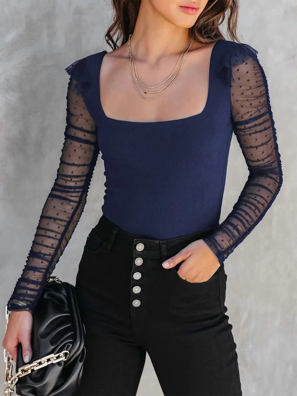 New Lace Stitching Summer Women's Summer Women's  Square Collar Shoulder T-shirt Hollow Spice Girl Top display picture 14
