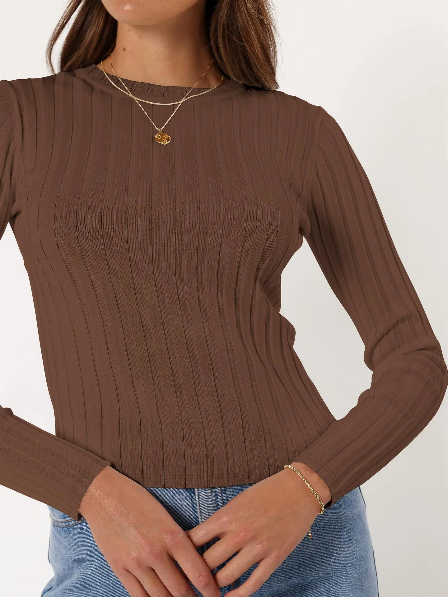 Europe And The United States  New Round Neck Knitted Thread Slim Solid Color Simple Commuter Wind Long Sleeve Top T-shirt display picture 18