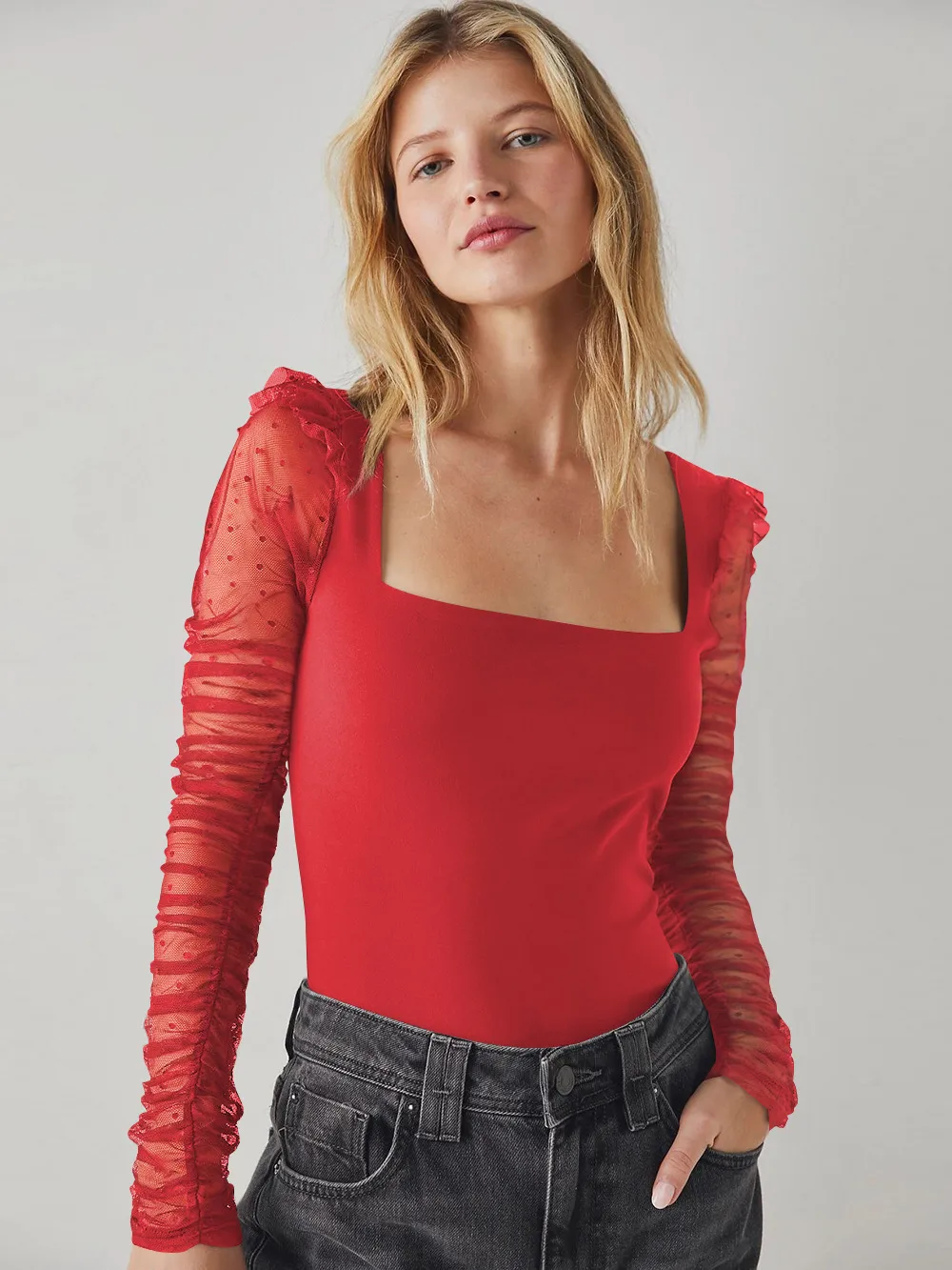 New Lace Stitching Summer Women's Summer Women's  Square Collar Shoulder T-shirt Hollow Spice Girl Top display picture 18